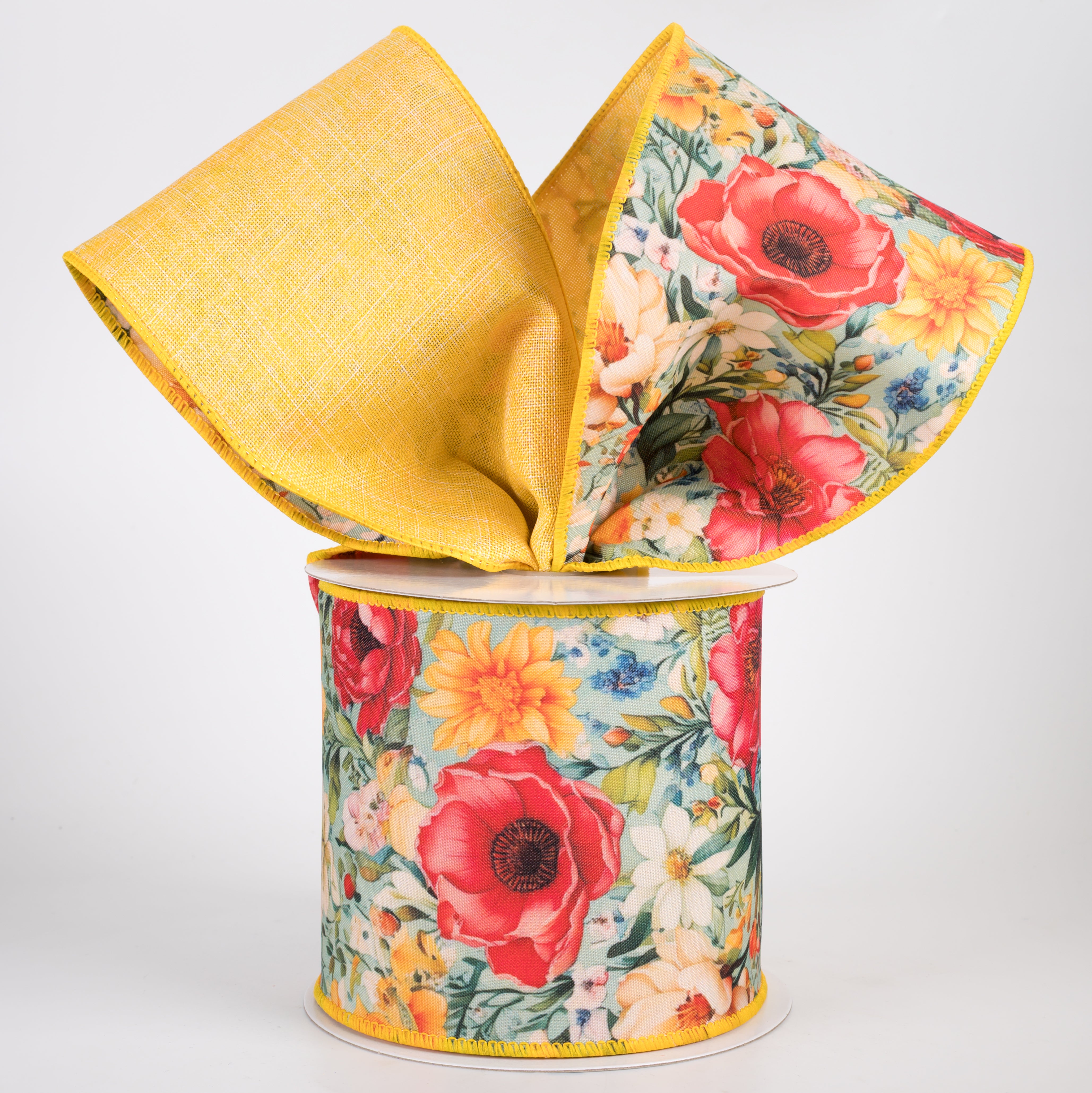 4" Double Sided Fused Flower Tapestry Ribbon: Buttermilk Yellow (10 Yards)