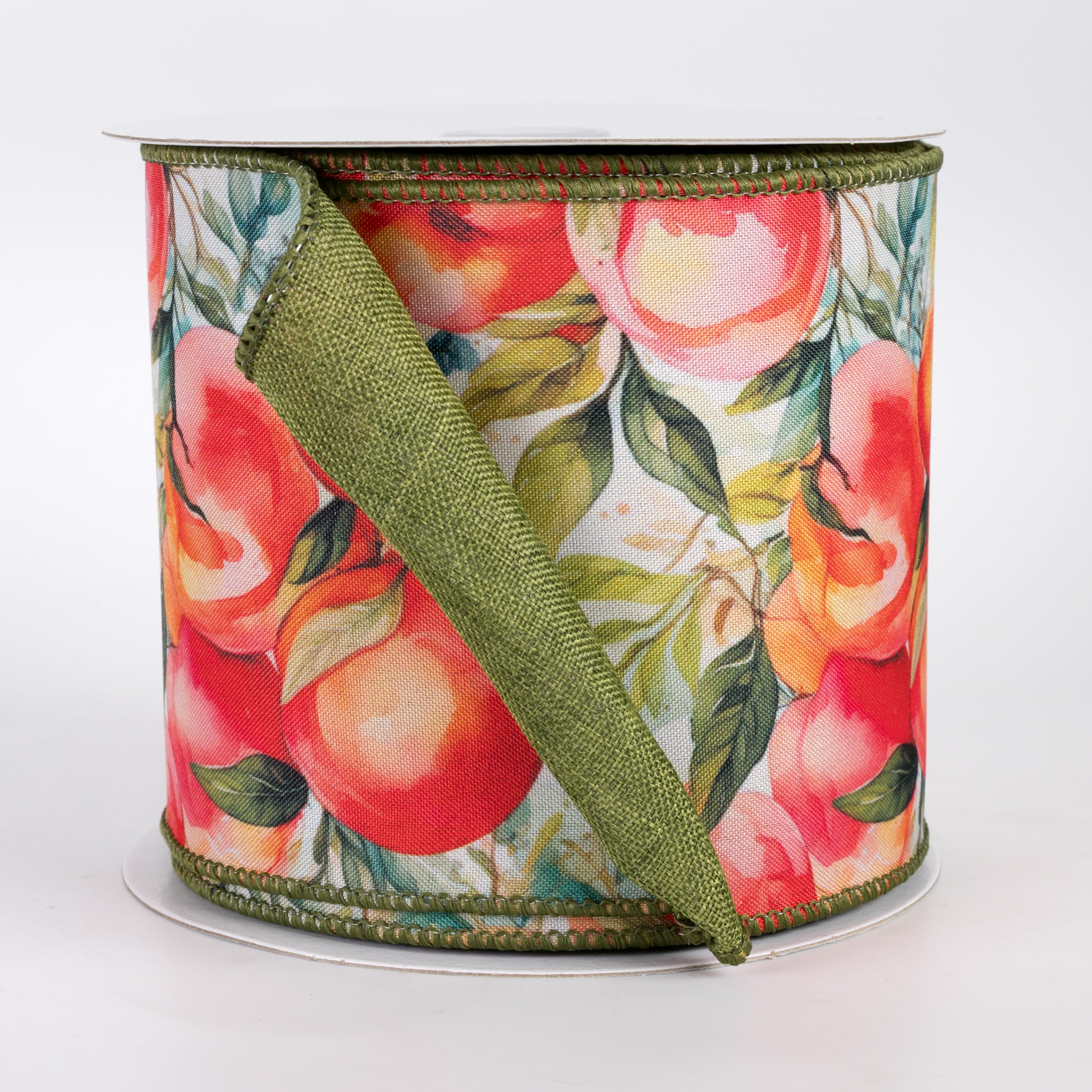 4" Double Sided Fused Watercolor Peaches Ribbon: Moss Green (10 Yards)