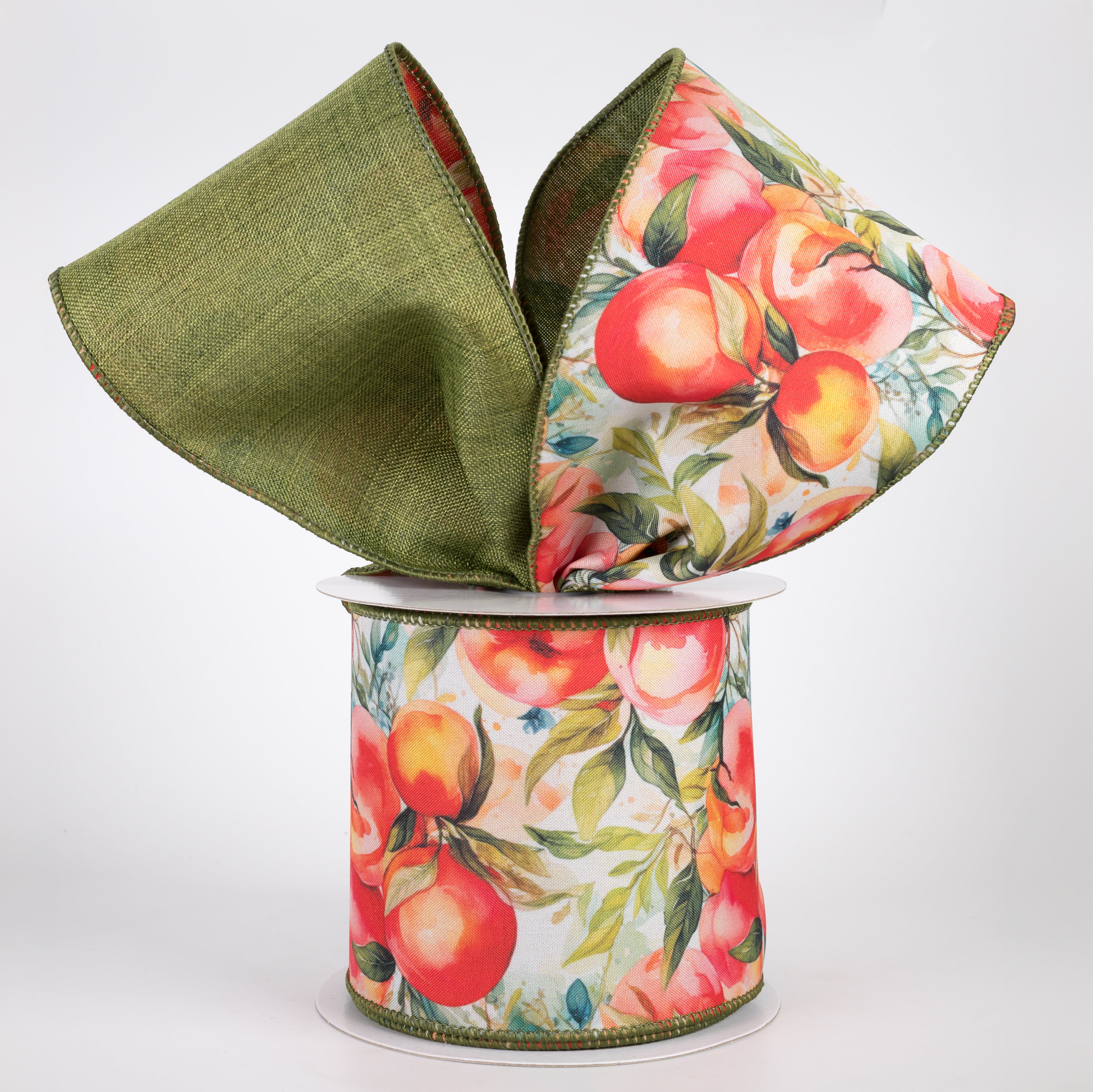 4" Double Sided Fused Watercolor Peaches Ribbon: Moss Green (10 Yards)