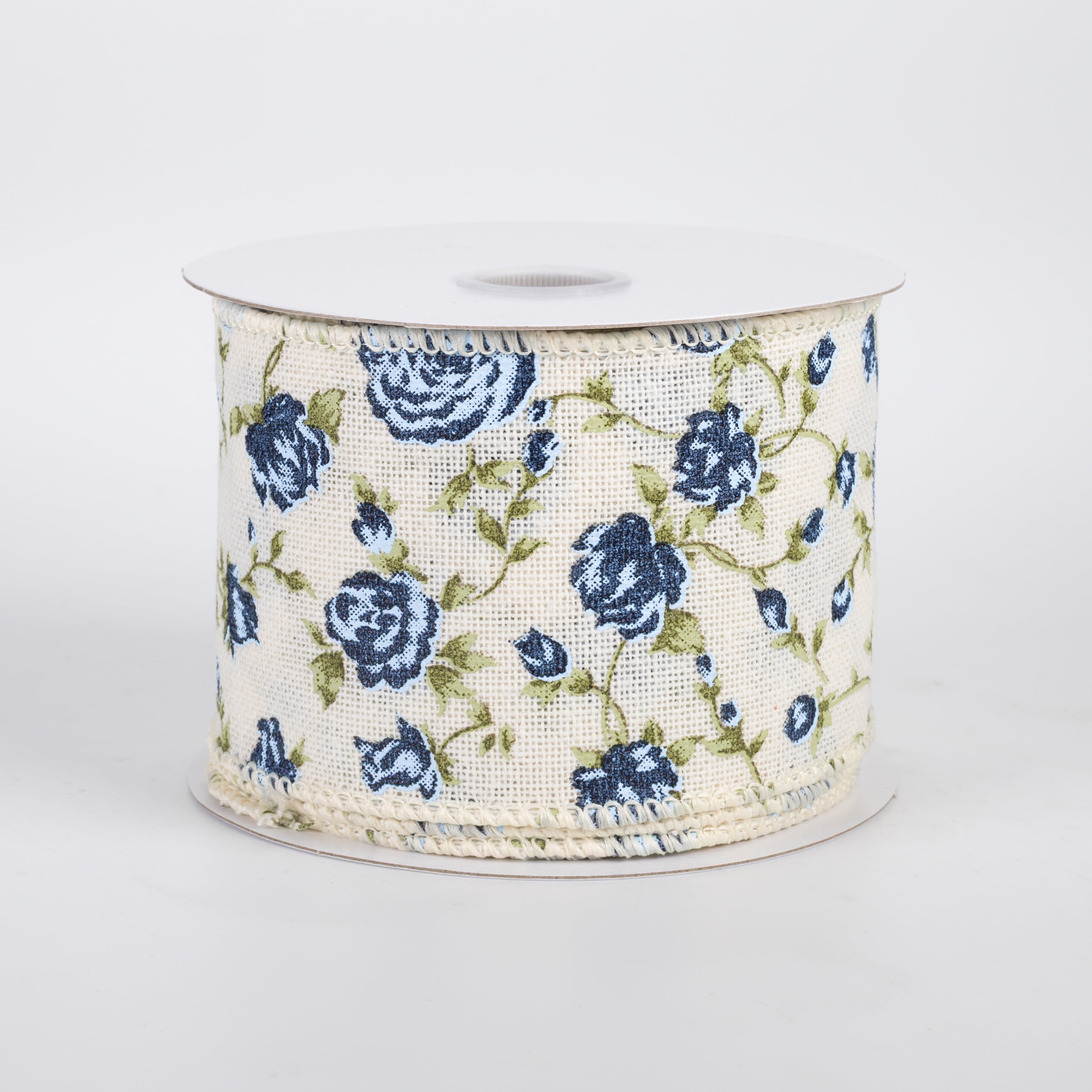 2.5" Canvas Blue Chintz Roses Ribbon: Ivory (10 Yards)