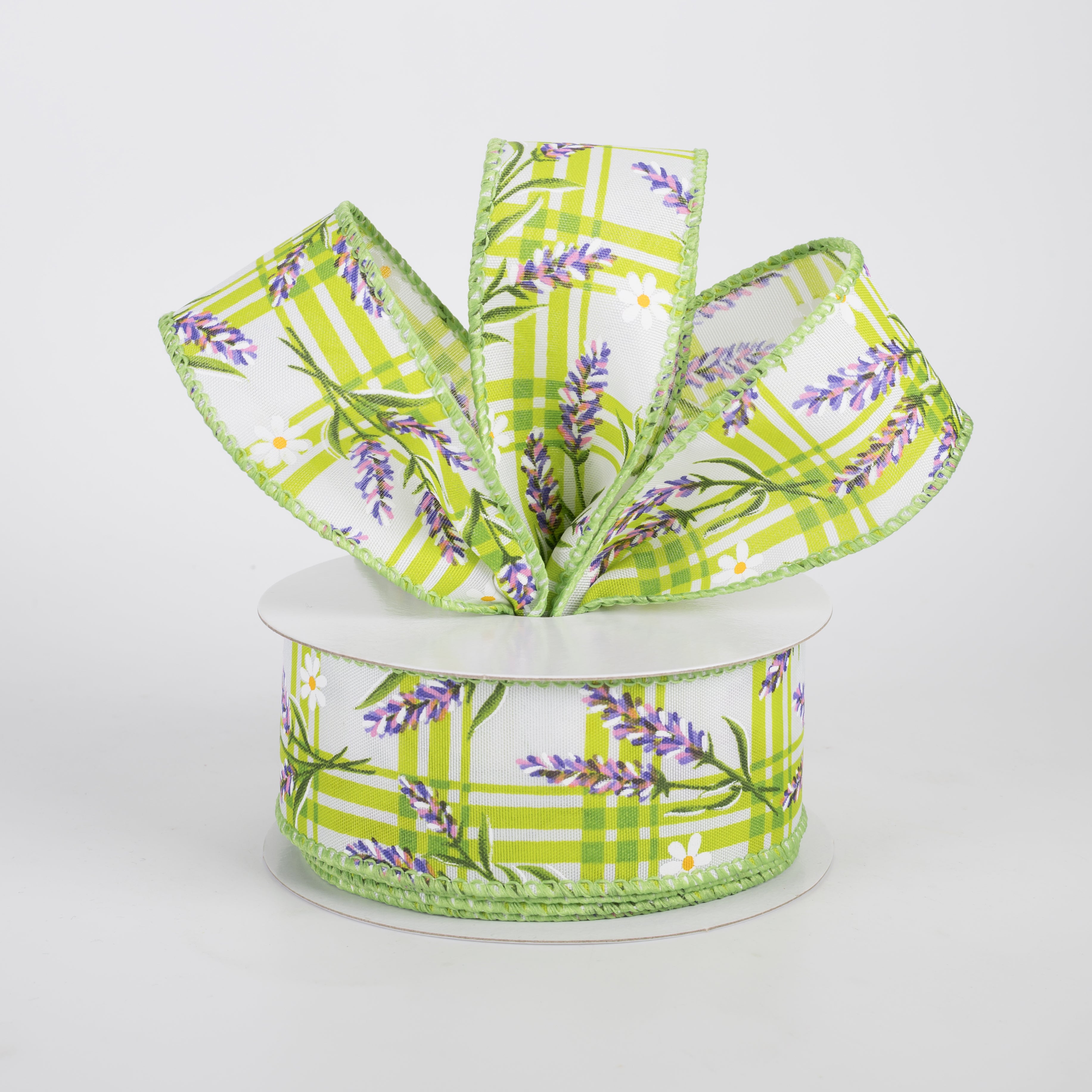 1.5" Satin Lavender Flowers on Plaid Ribbon: Green (10 Yards)