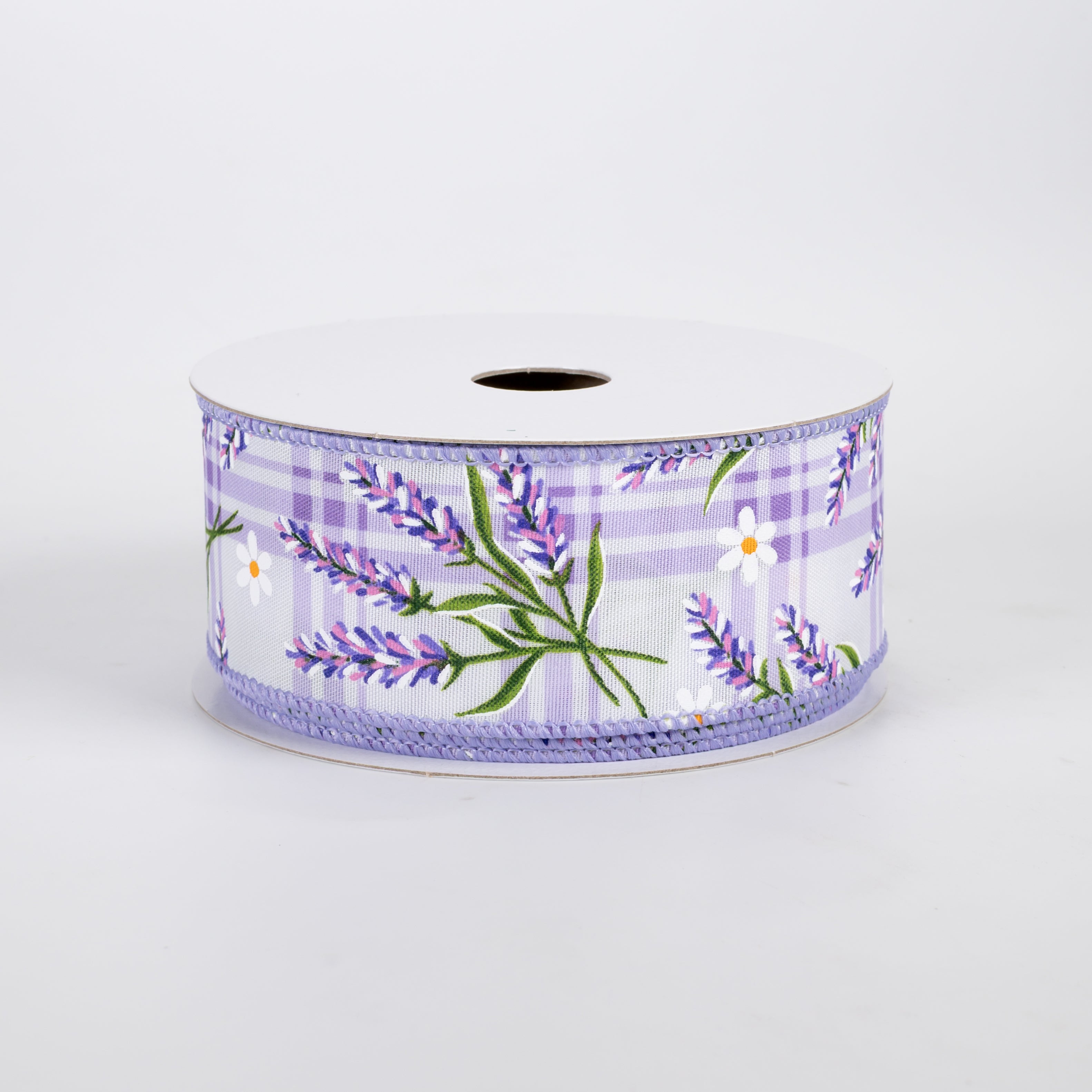 1.5" Satin Lavender Flowers on Plaid Ribbon: Purple (10 Yards)