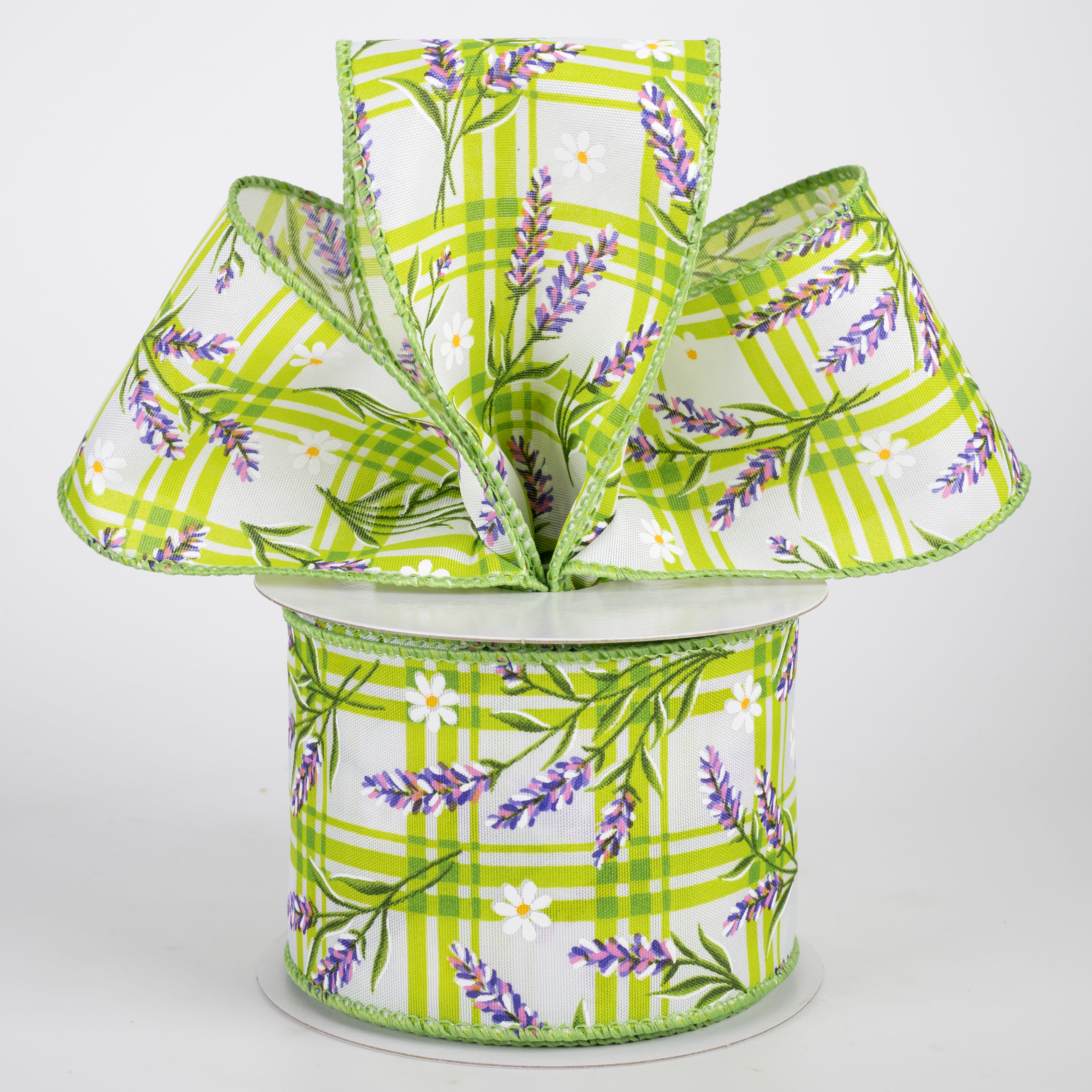 2.5" Satin Lavender Flowers on Plaid Ribbon: Green (10 Yards)
