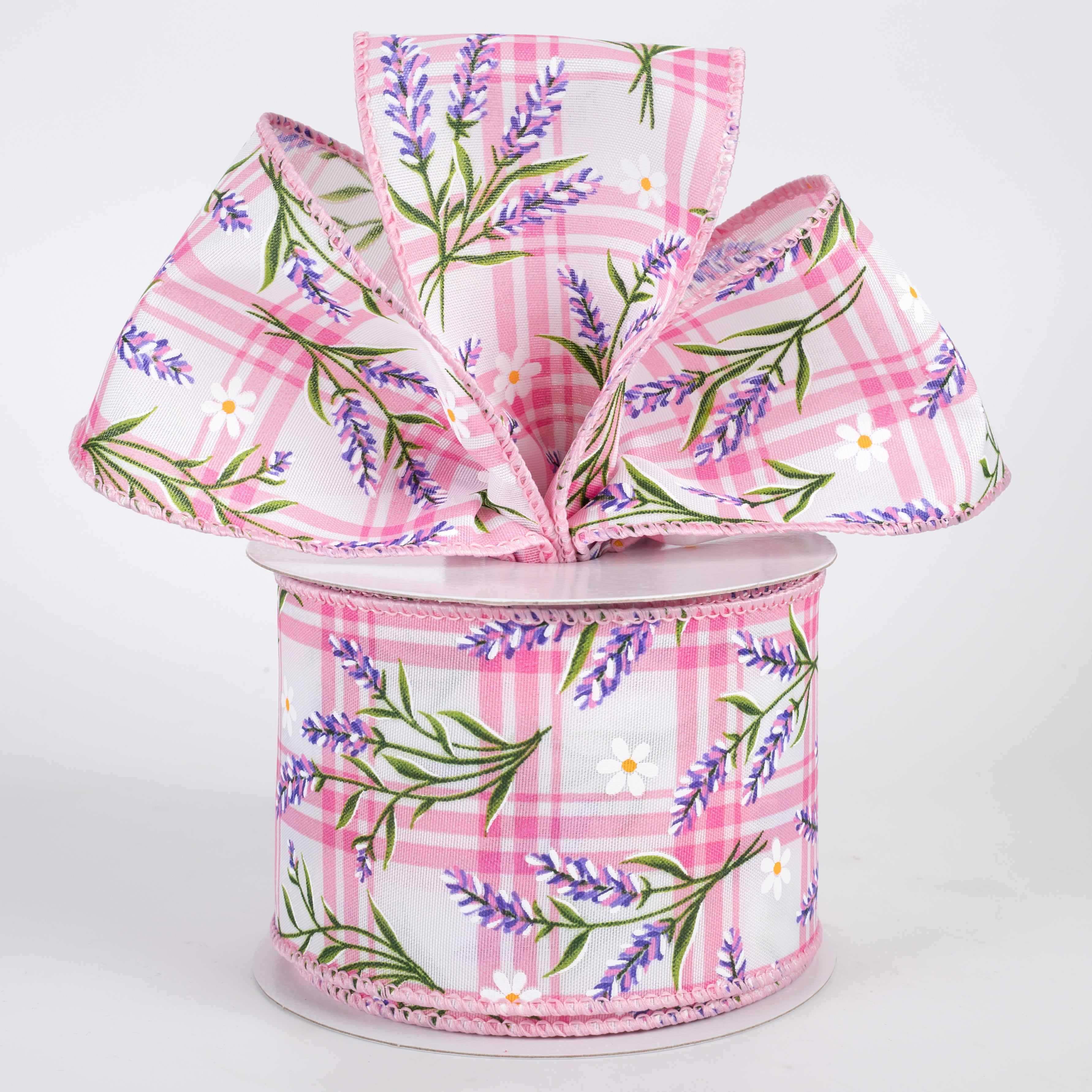 2.5" Satin Lavender Flowers on Plaid Ribbon: Pink (10 Yards)