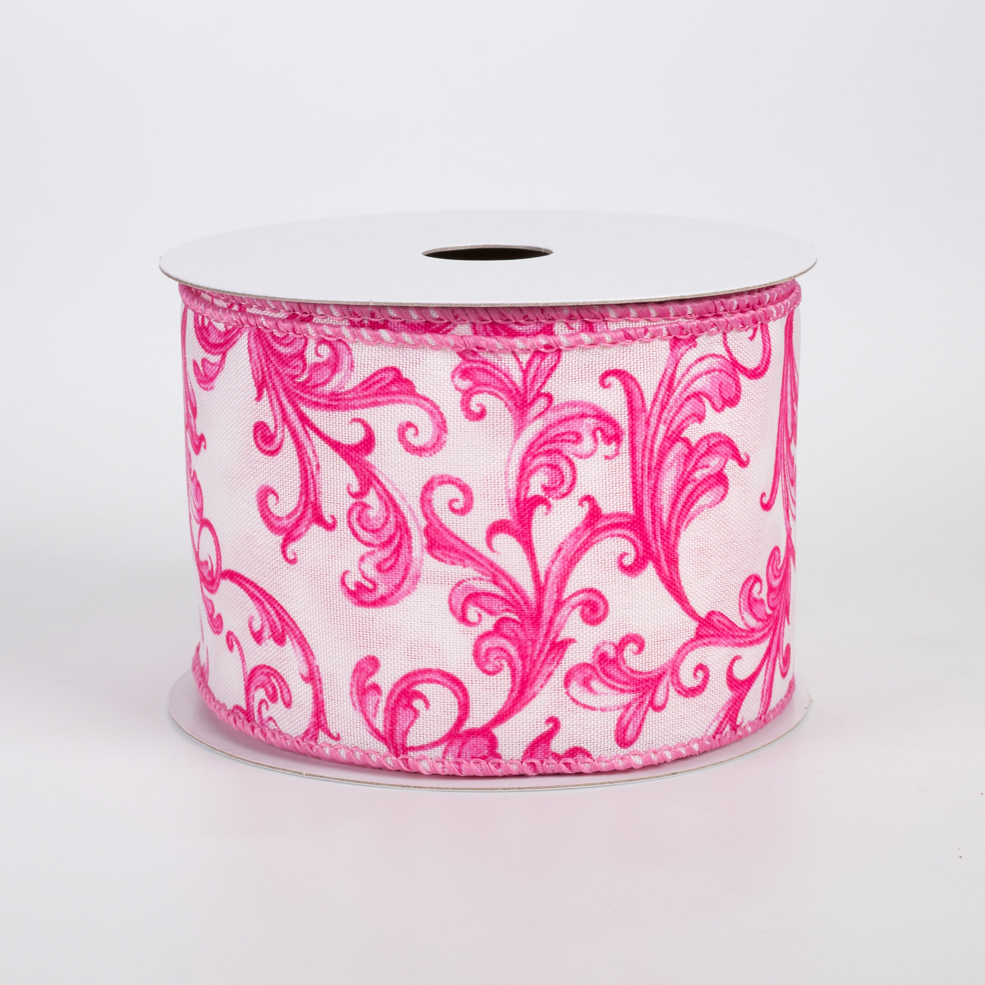 2.5" Satin Chinoiserie Swirls Ribbon: Hot Pink on White (10 Yards)