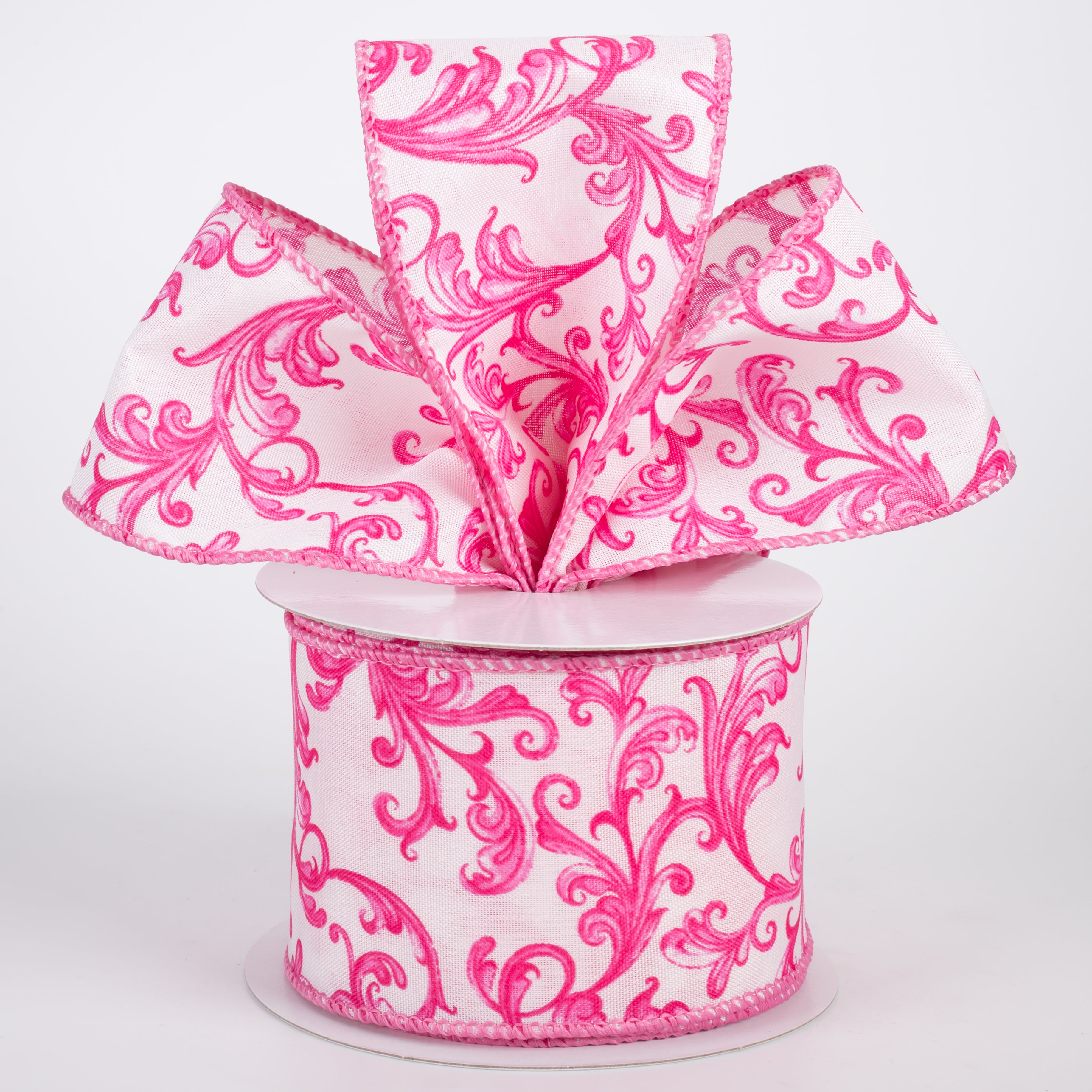 2.5" Satin Chinoiserie Swirls Ribbon: Hot Pink on White (10 Yards)