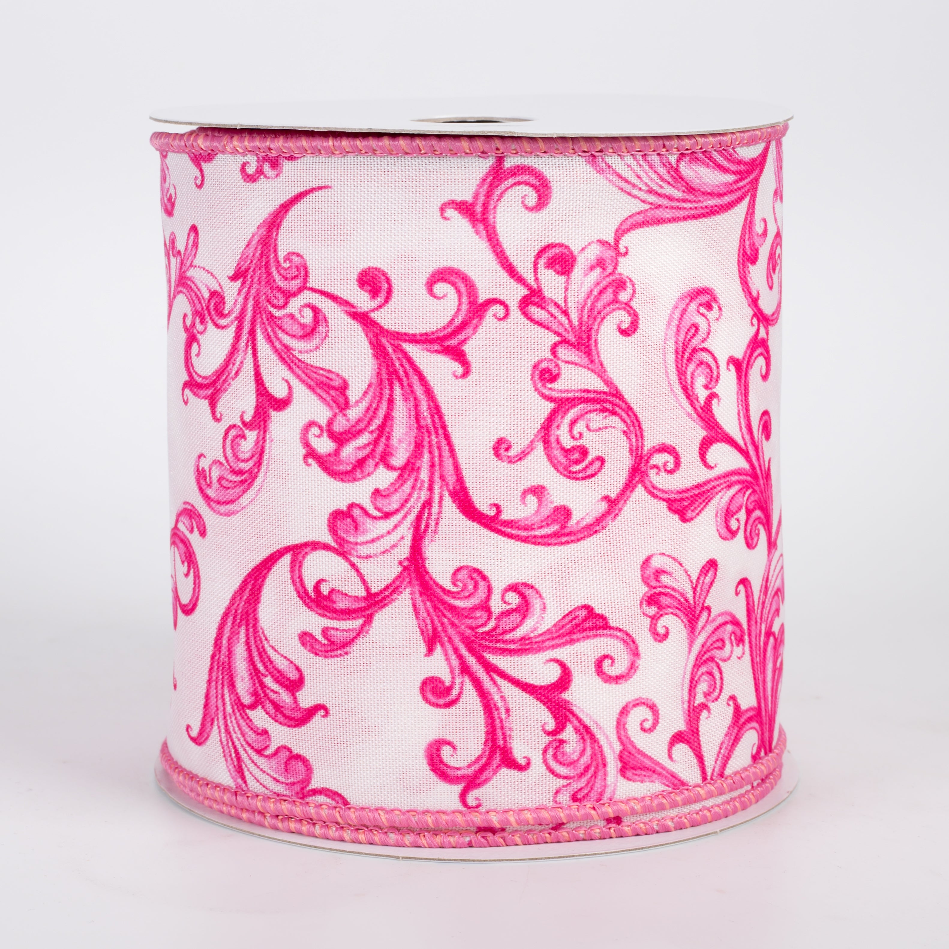 4" Satin Chinoiserie Swirls Ribbon: Hot Pink on White (10 Yards)
