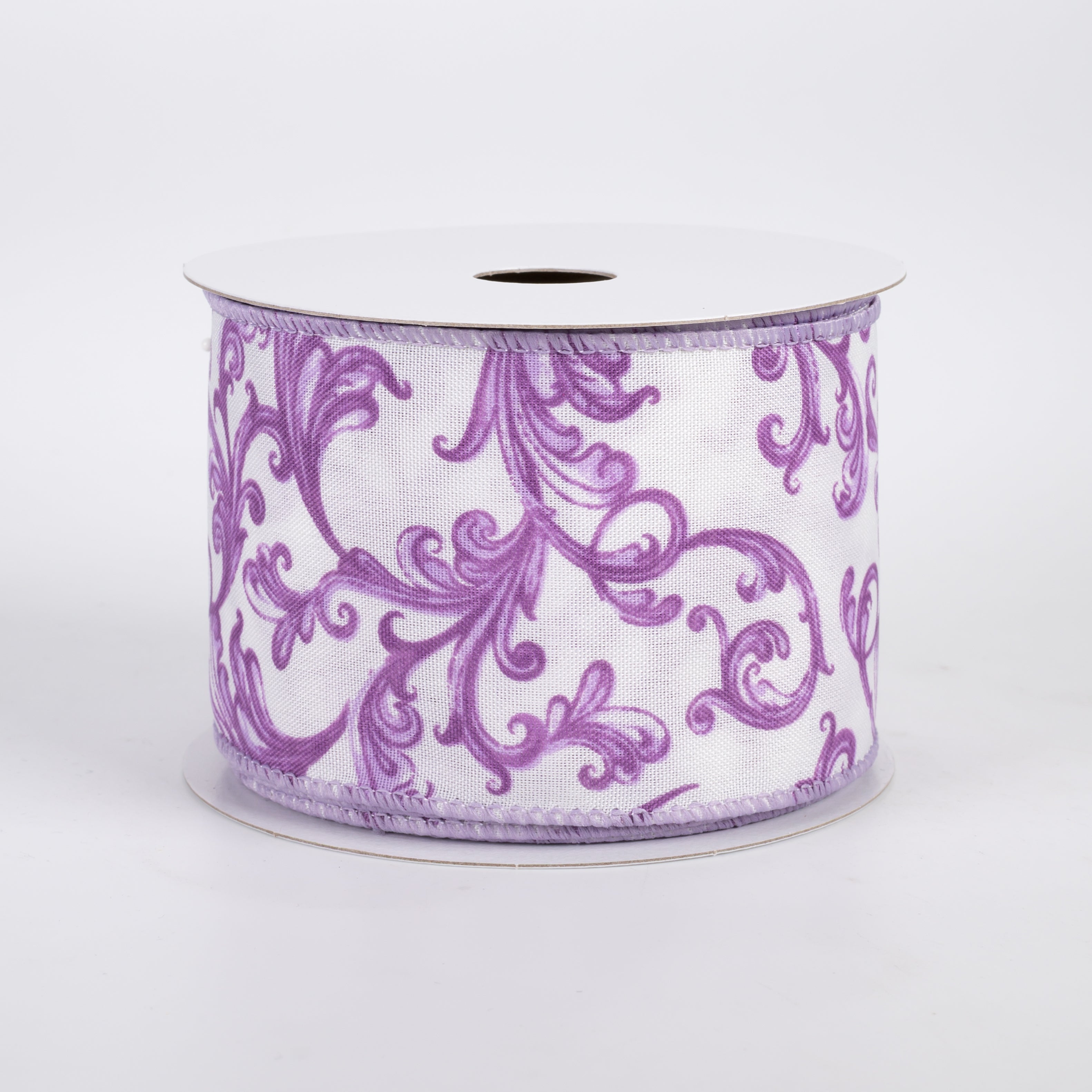 2.5" Satin Chinoiserie Swirls Ribbon: Purple on White (10 Yards)