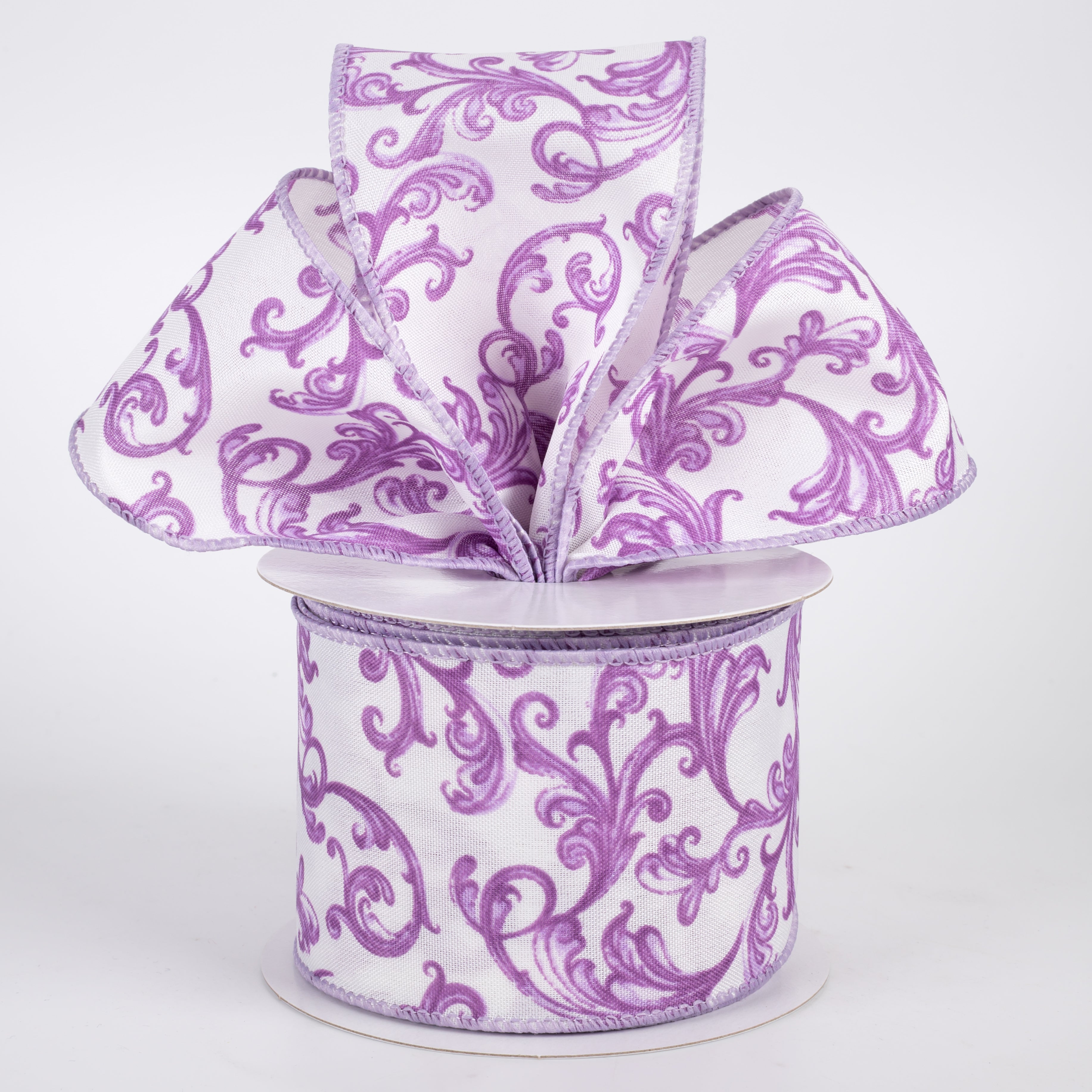 2.5" Satin Chinoiserie Swirls Ribbon: Purple on White (10 Yards)