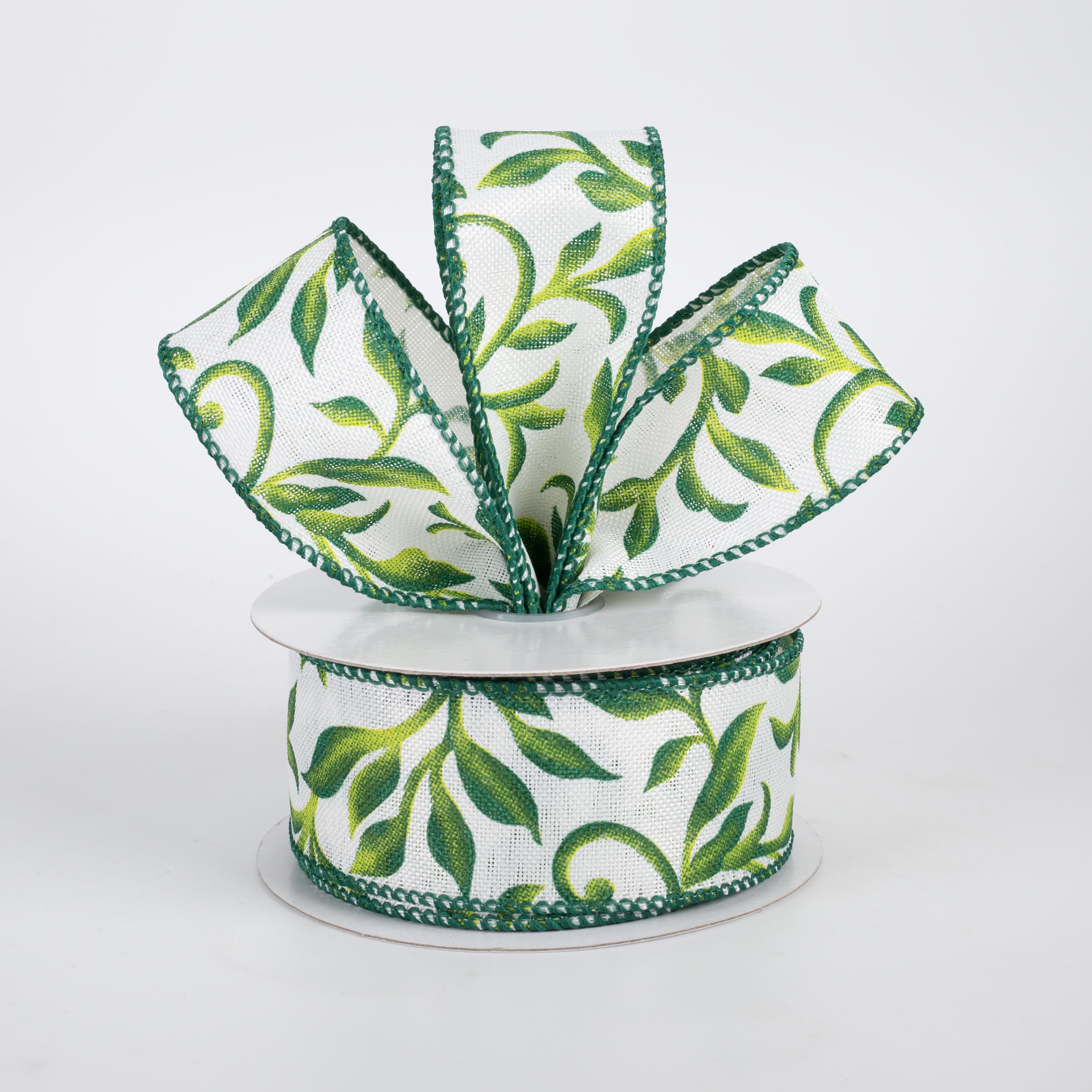 1.5" Linen Shaded Evergreen Vines Ribbon: Ivory (10 Yards)