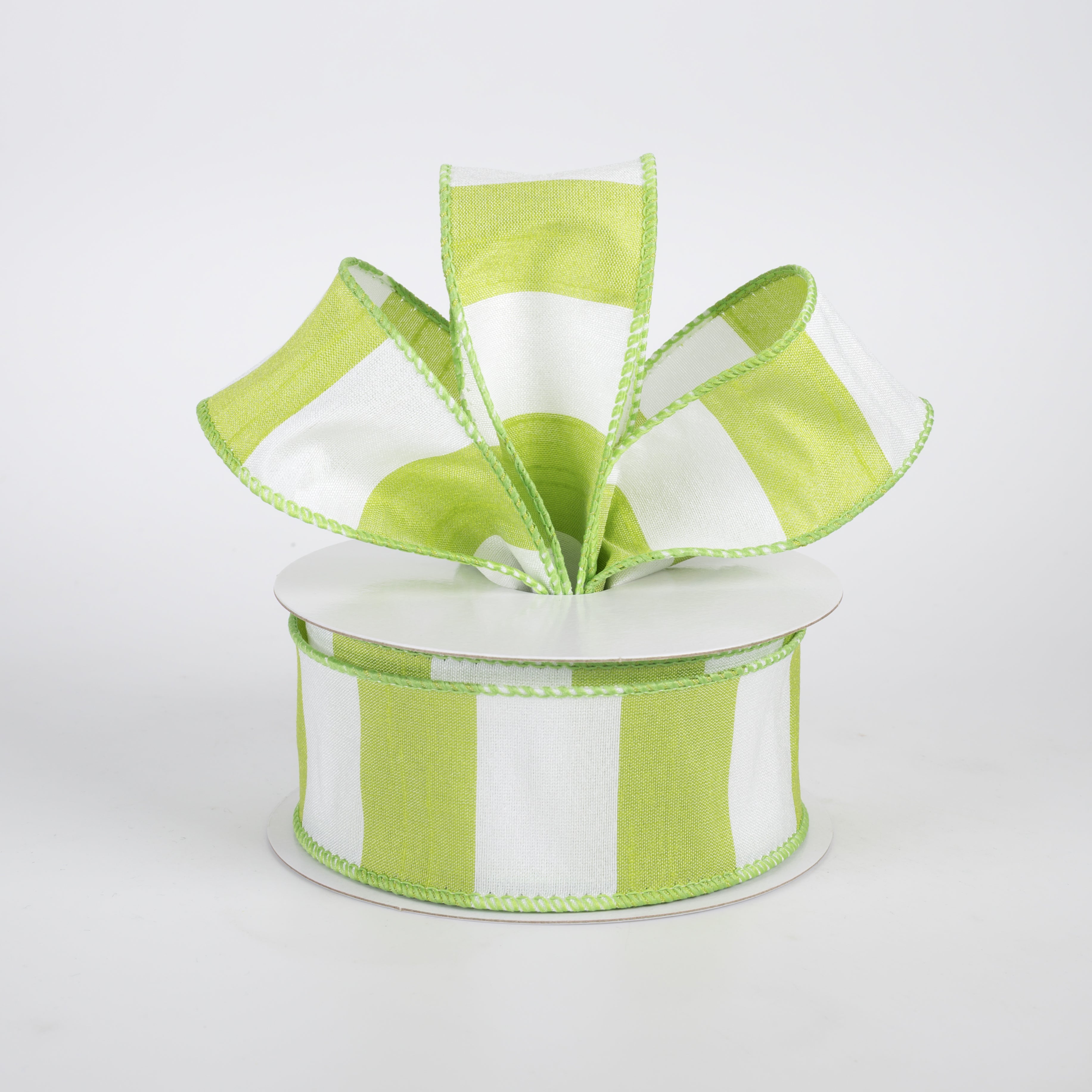 1.5" Dupioni Horizontal Stripes Ribbon: Lime & White (10 Yards)