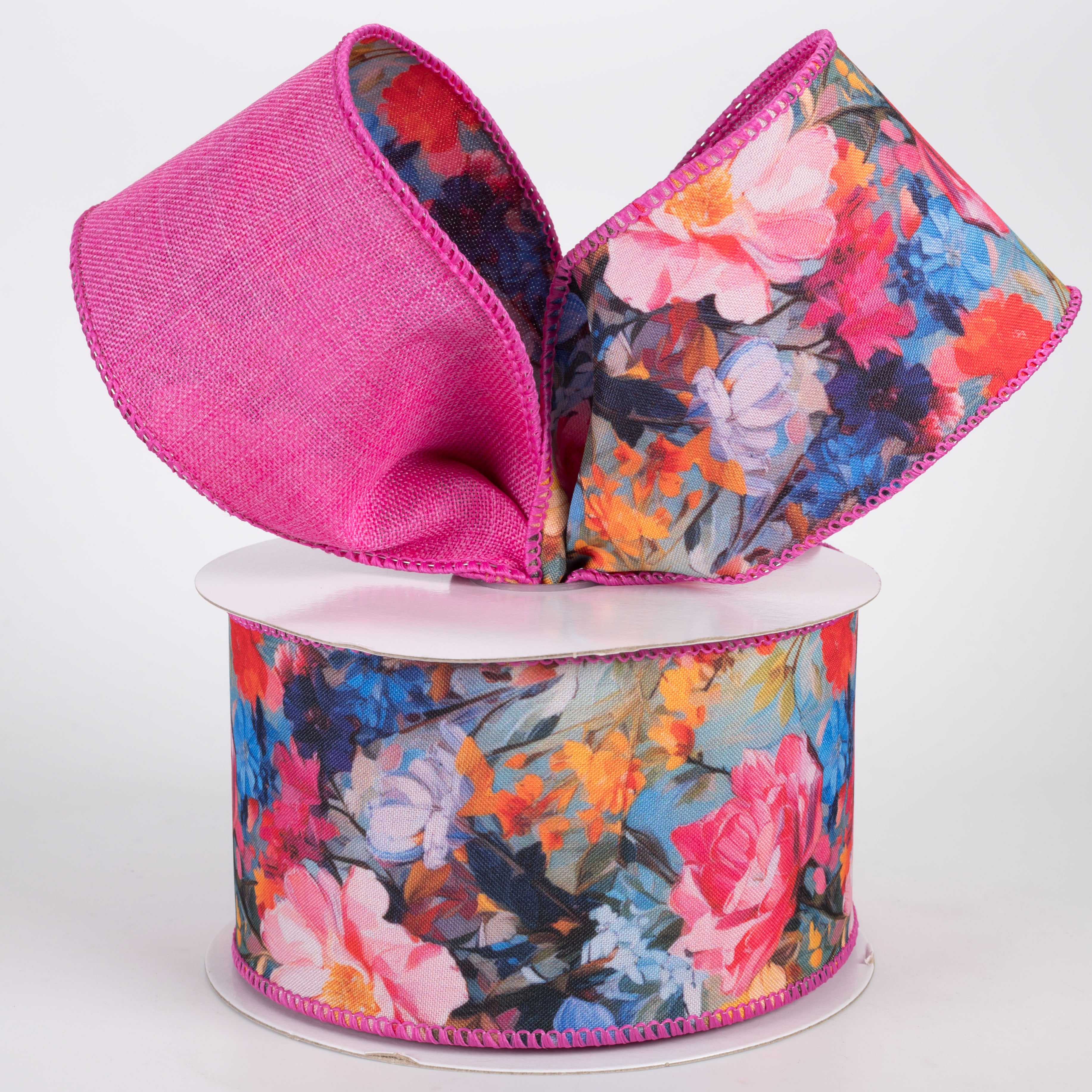 2.5" Double Sided Fused Oil Painting Flowers Ribbon: Fuchsia Pink (10 Yards)