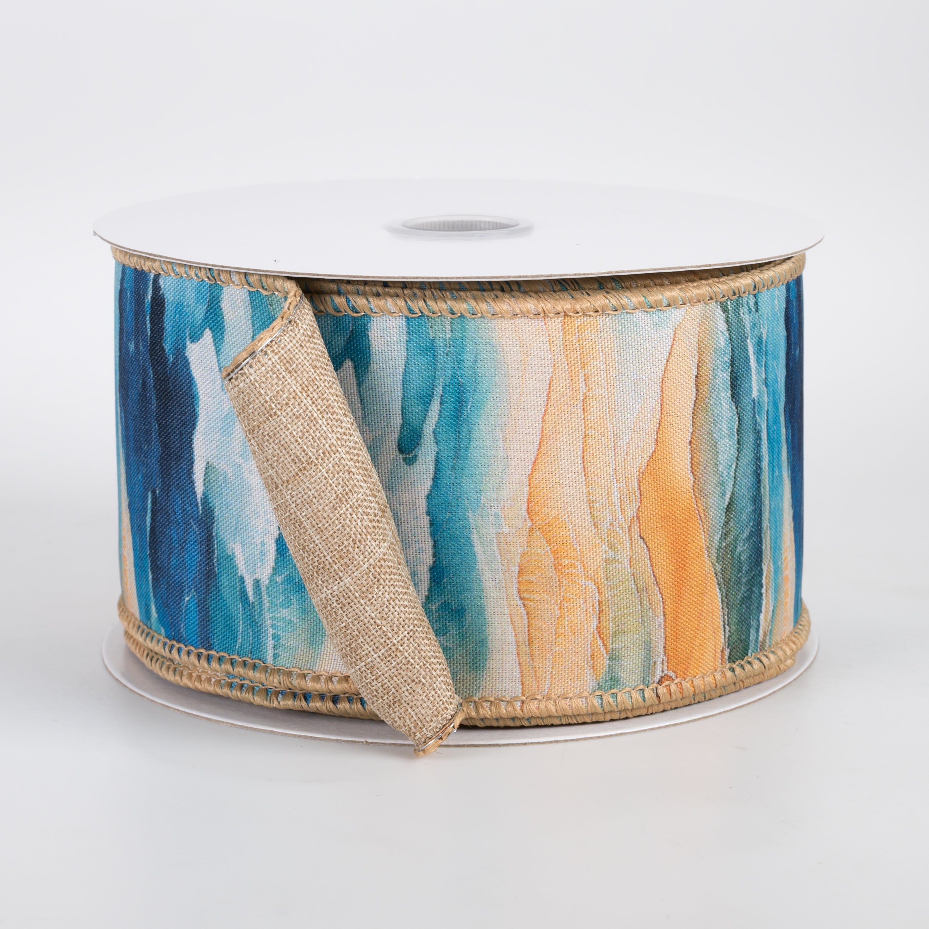 2.5" Double Sided Fused Oil Painting Waves on Beach Ribbon: Natural (10 Yards)