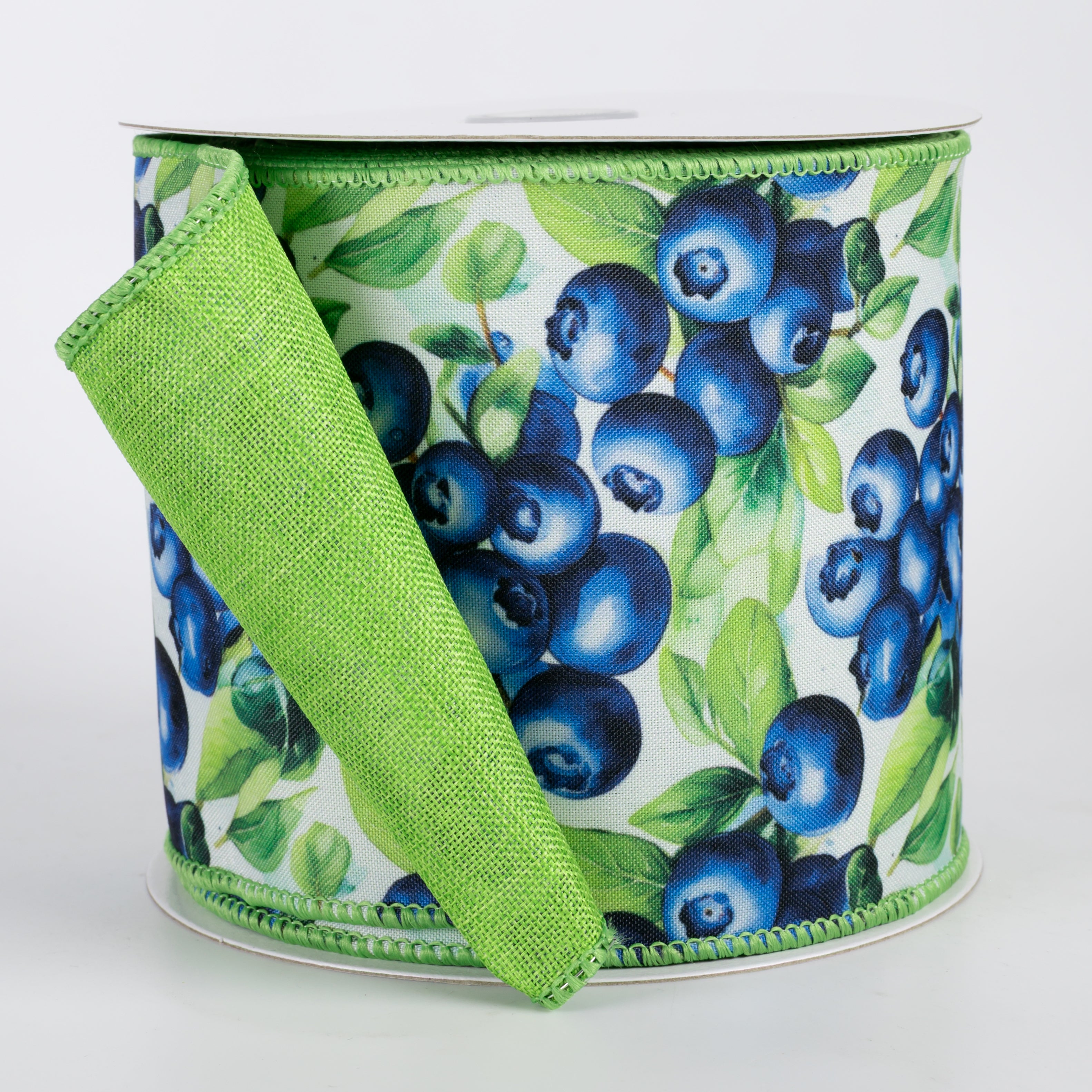 4" Double Sided Fused Jumbo Blueberries Ribbon: Lime Green (10 Yards)