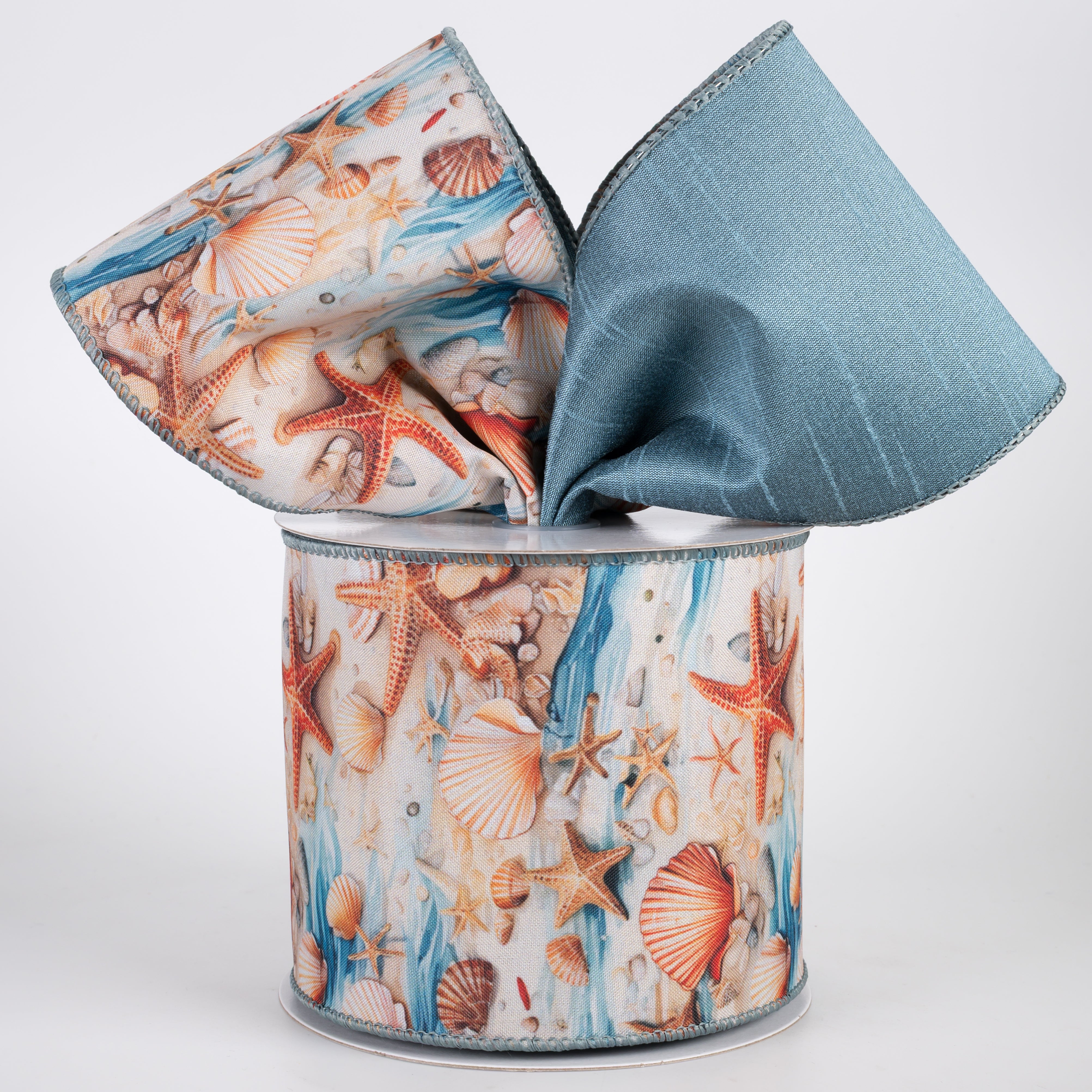 4" Double Sided Fused Shells & Starfish Ribbon: Dusty Blue (10 Yards)