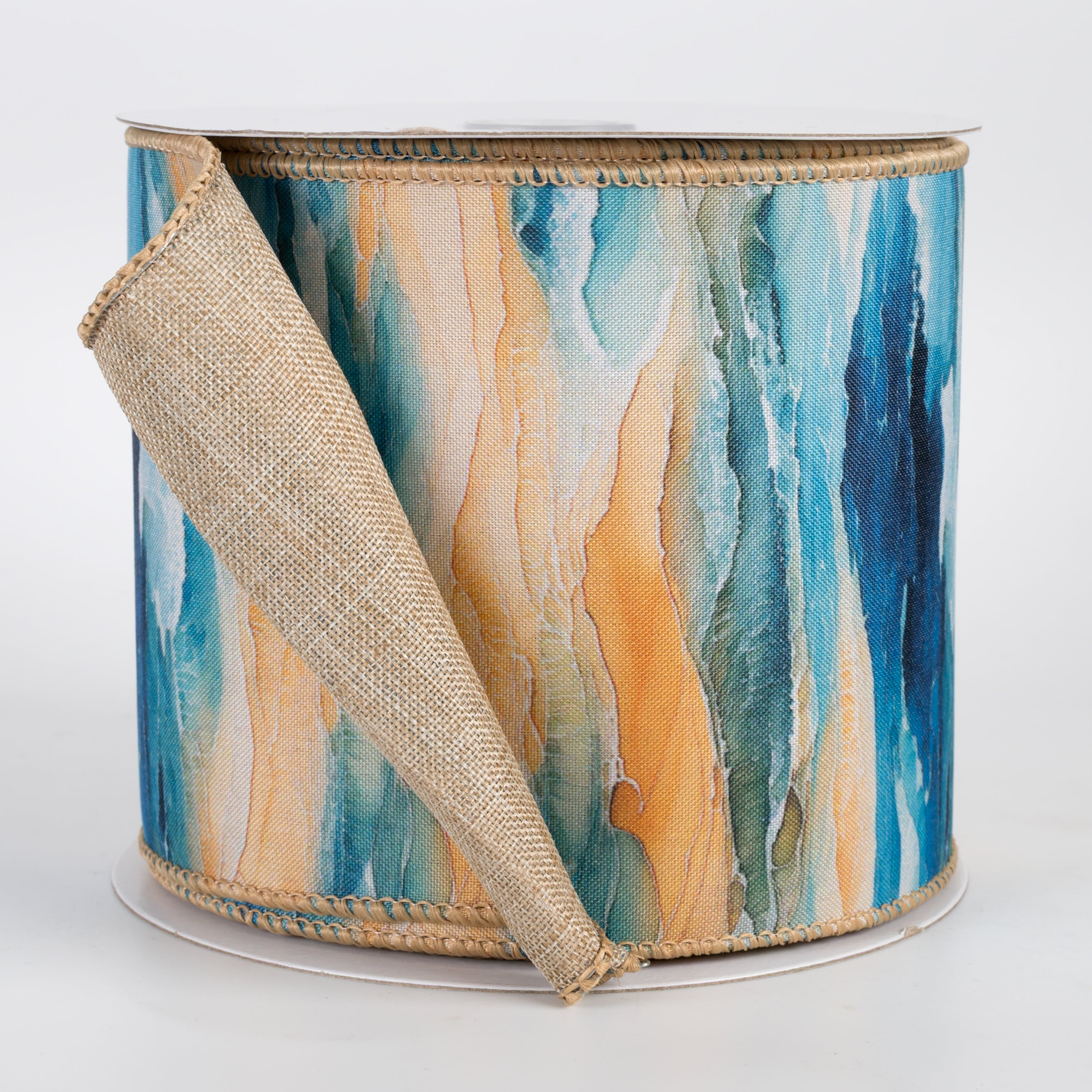 4" Double Sided Fused Oil Painting Waves on Beach Ribbon: Natural (10 Yards)