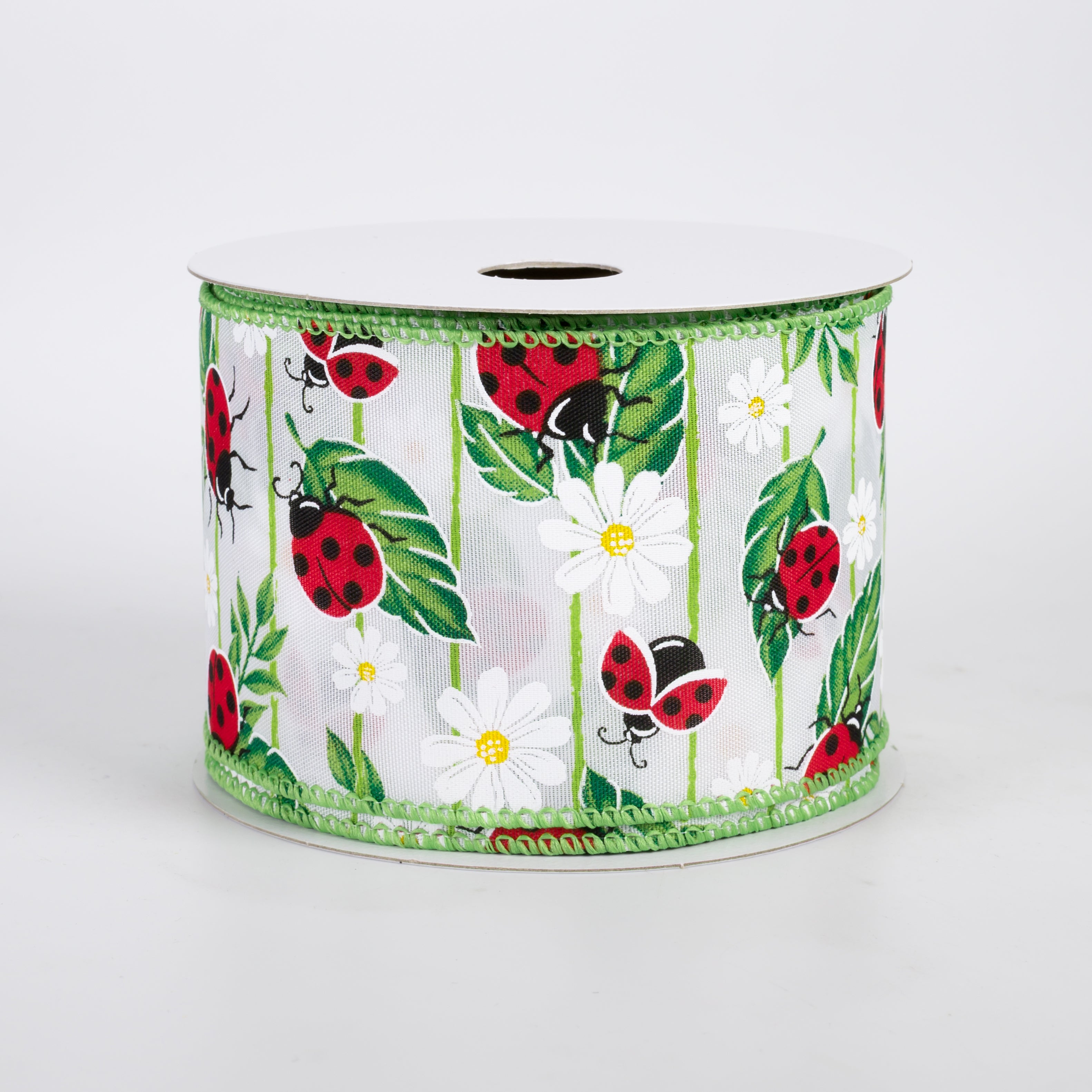 2.5" Satin Ladybugs on Leaves Ribbon: White (10 Yards)