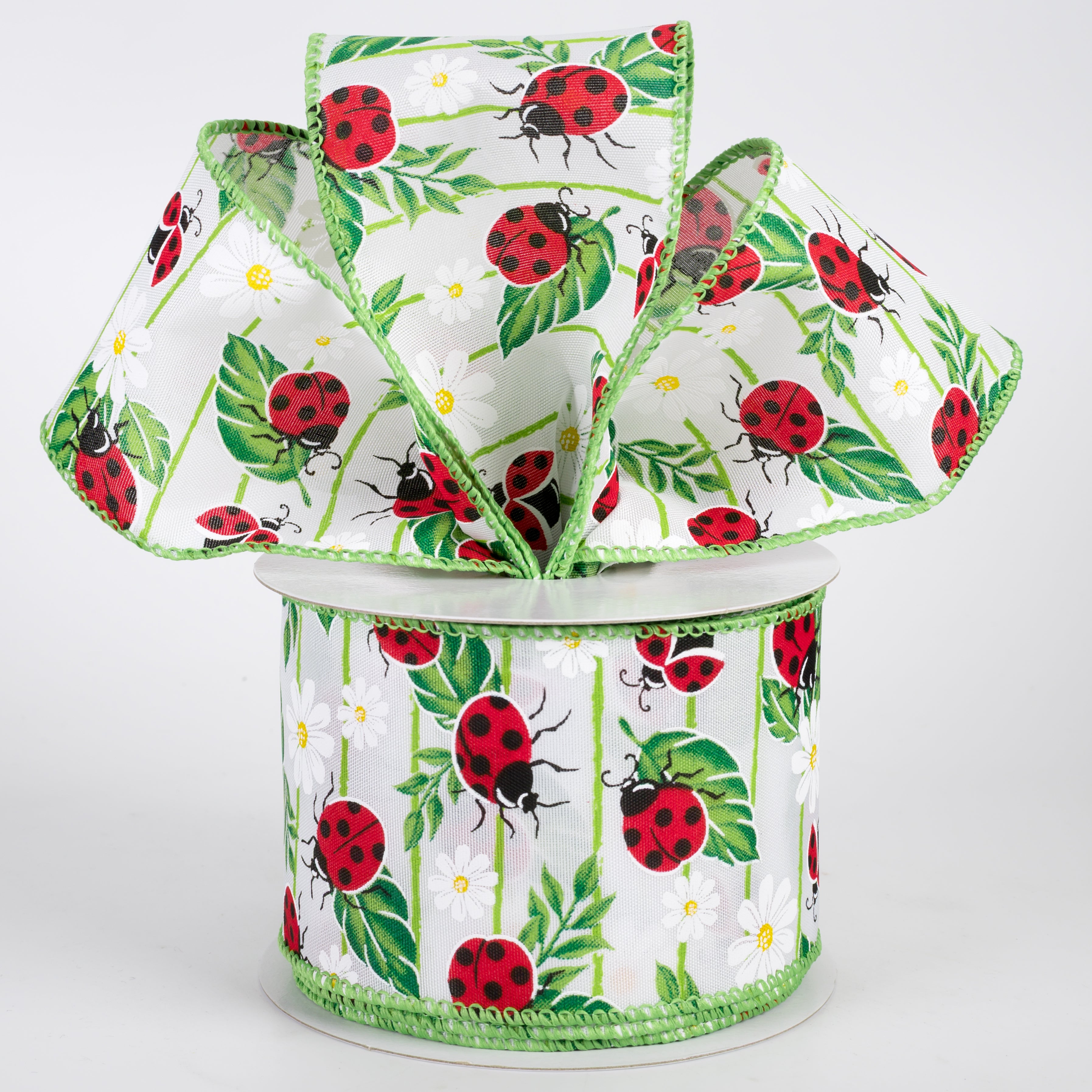 2.5" Satin Ladybugs on Leaves Ribbon: White (10 Yards)