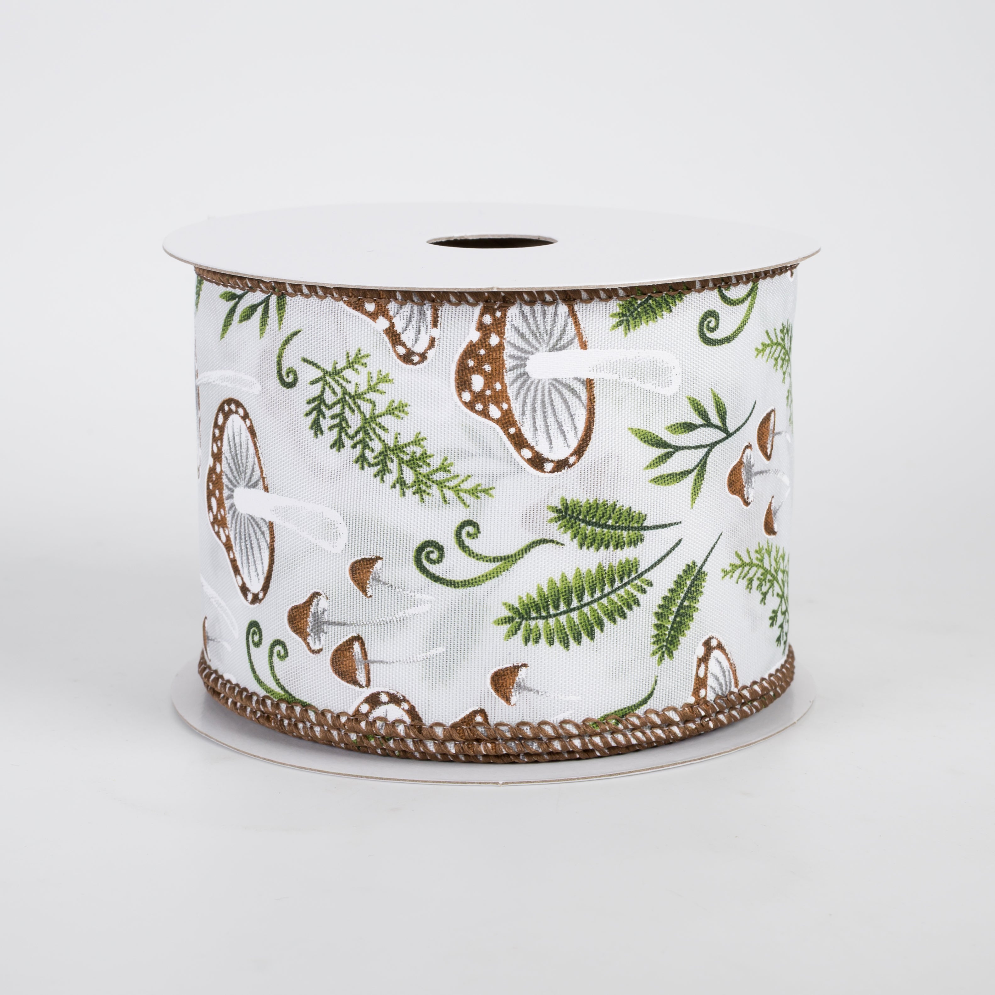 2.5" Satin Mushrooms & Ferns Ribbon: White (10 Yards)