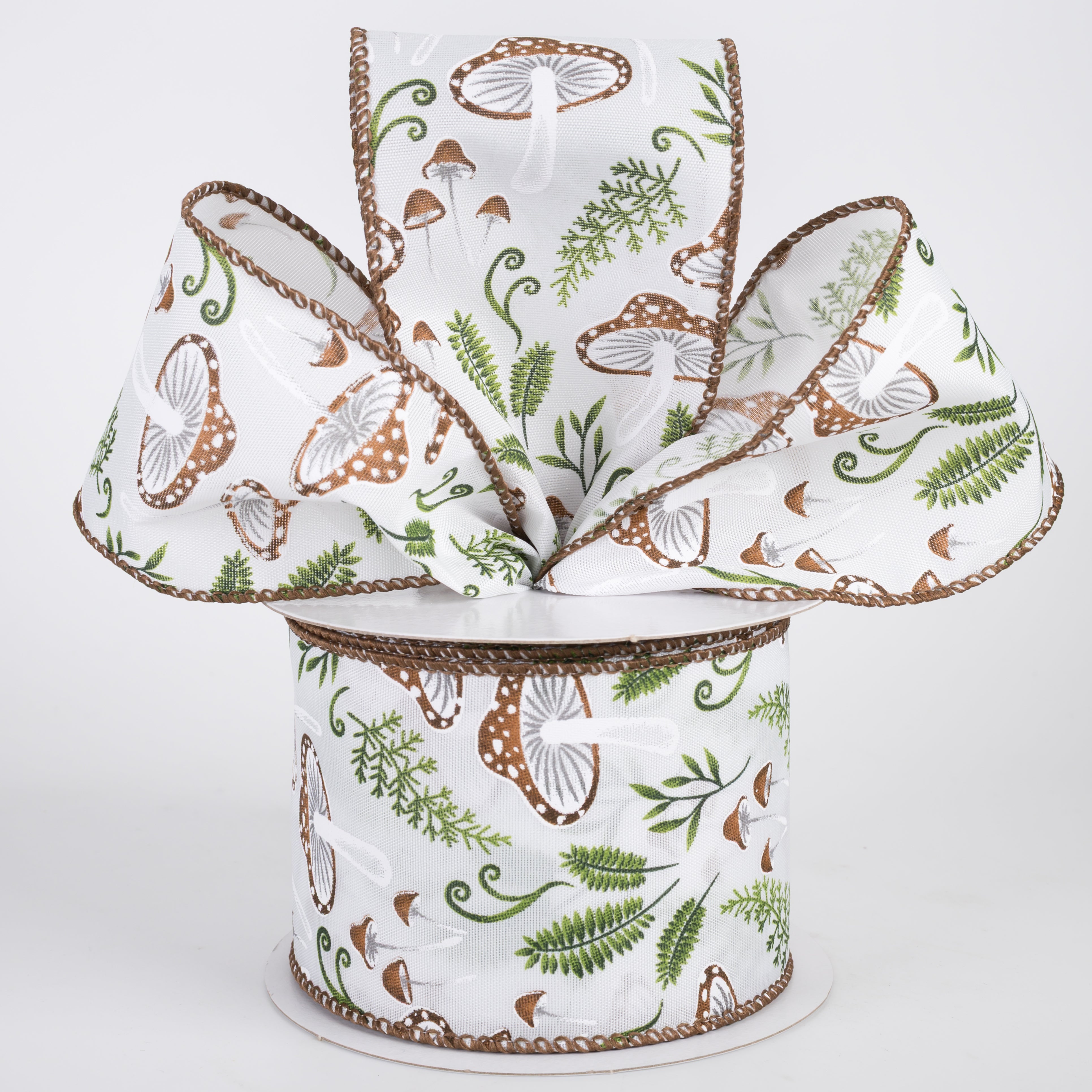 2.5" Satin Mushrooms & Ferns Ribbon: White (10 Yards)