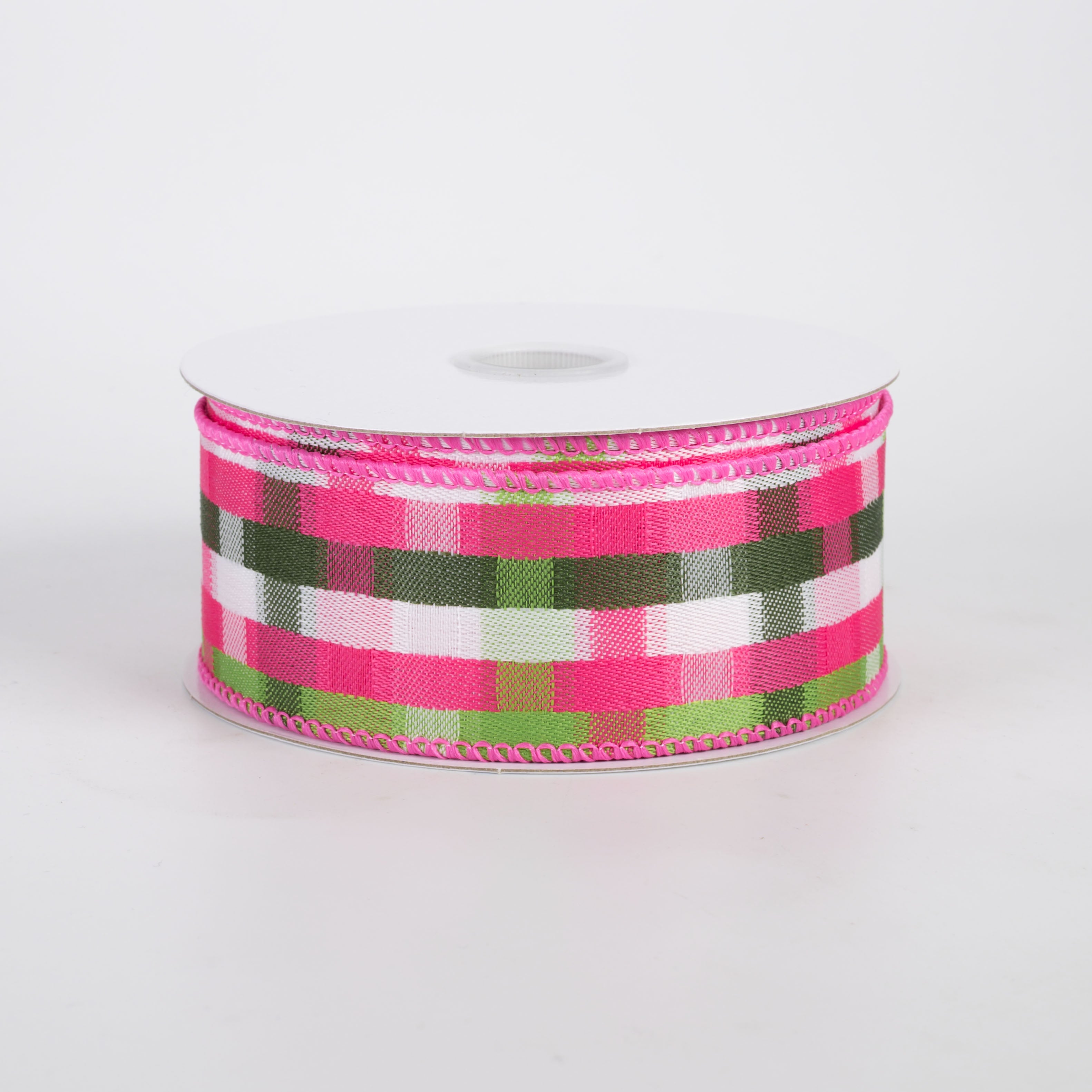 1.5" Mosaic Plaid Ribbon: Fuchsia, Lime, Moss & White (10 Yards)