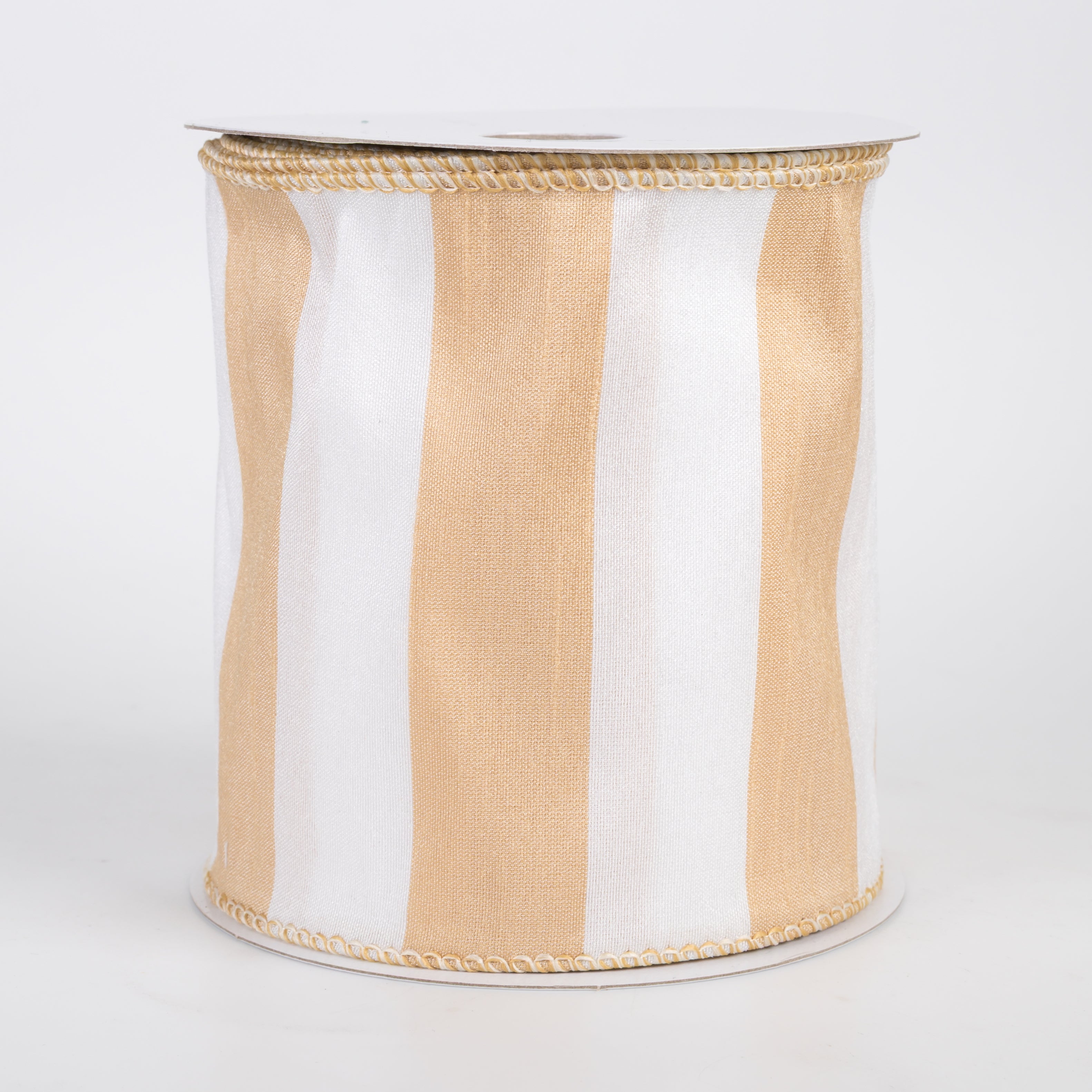 4" Dupioni Horizontal Stripes Ribbon: Tan & White (10 Yards)