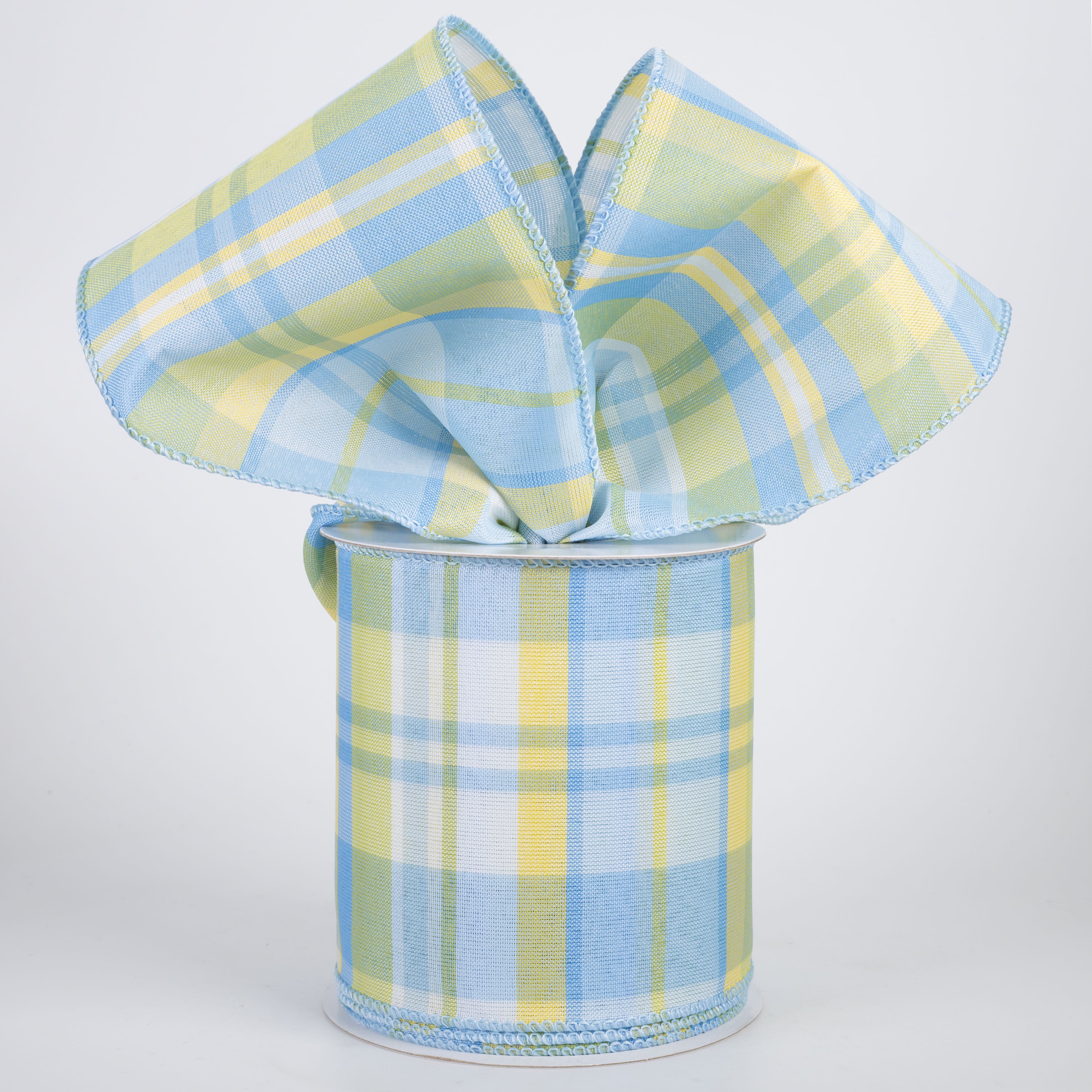 4" Posey Plaid Ribbon: Baby Blue, Yellow & Sage (10 Yards)