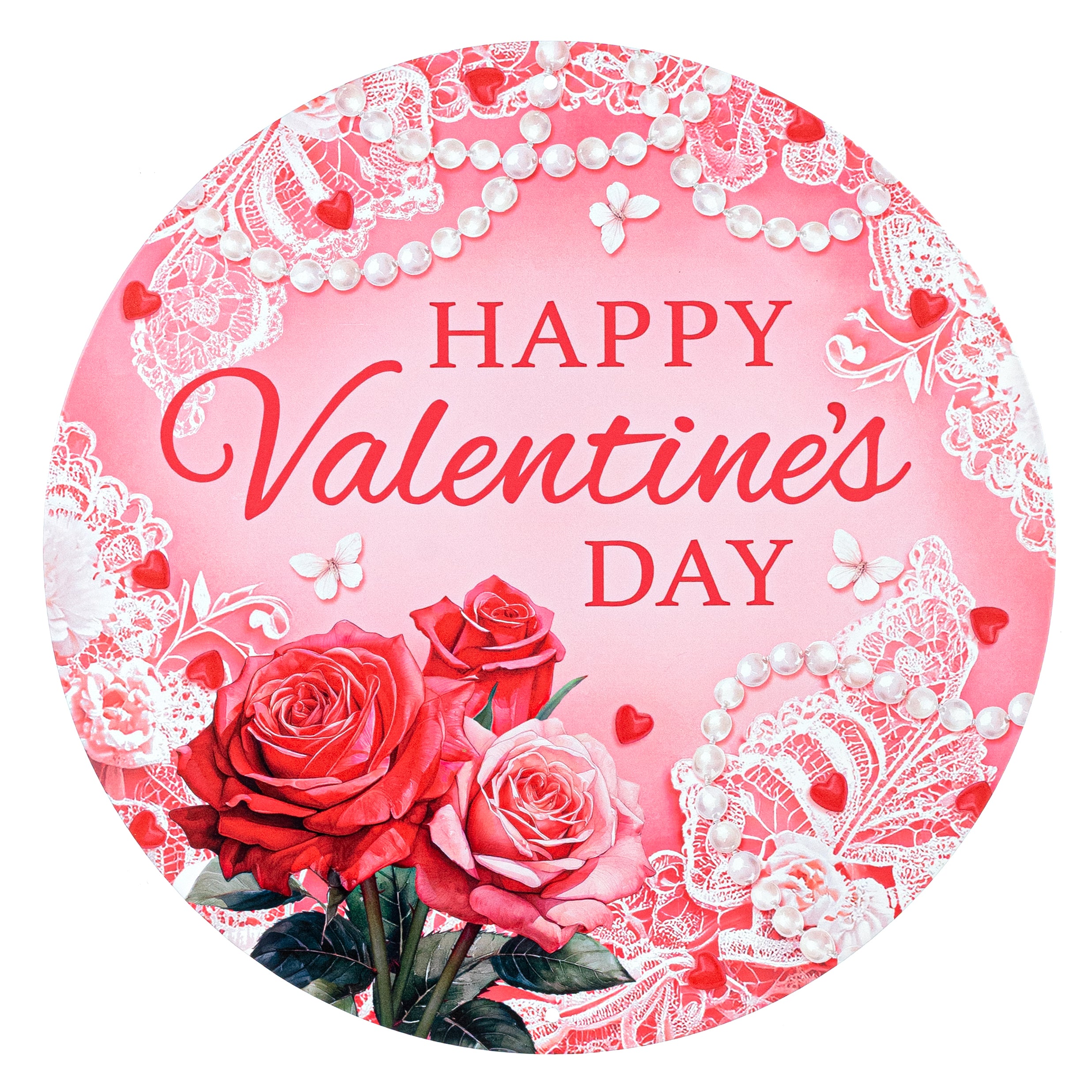 12" Round Metal Sign: Happy Valentine's Day Roses