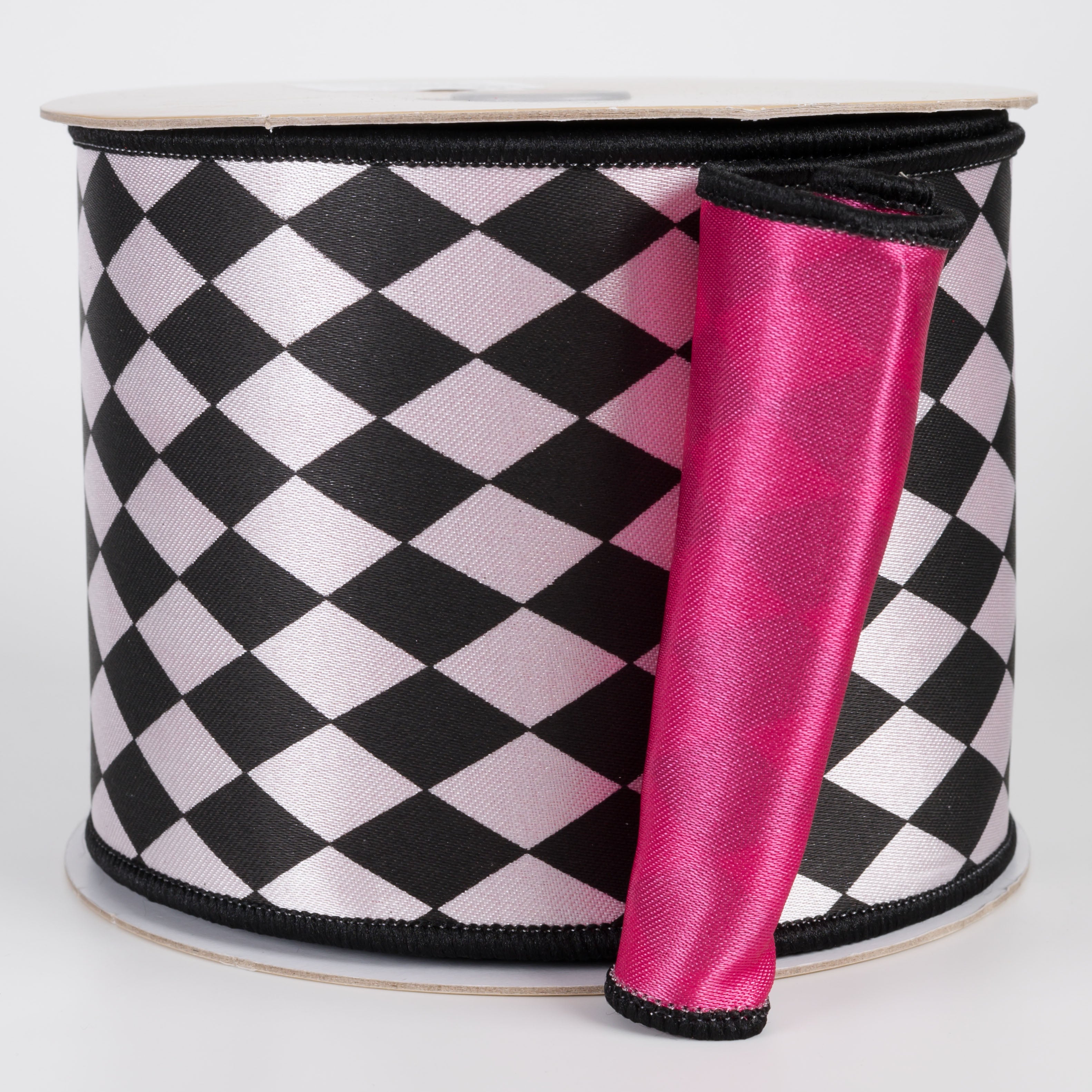 4" Double Sided Fused Harlequin Ribbon: Hot Pink, Black & White (10 Yards)