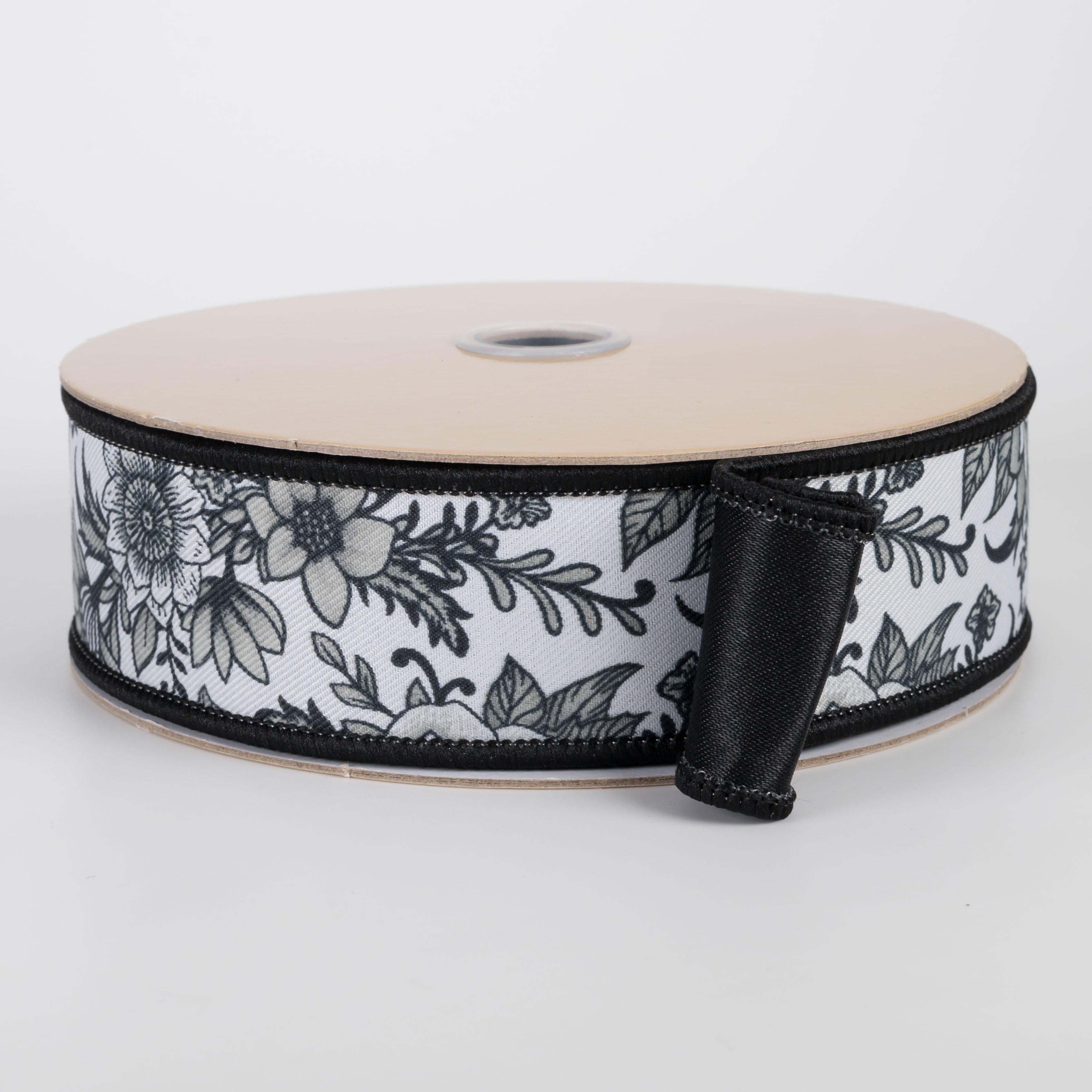 1.5" Double Sided Fused Chinoiserie Floral Ribbon: White & Black (10 Yards)