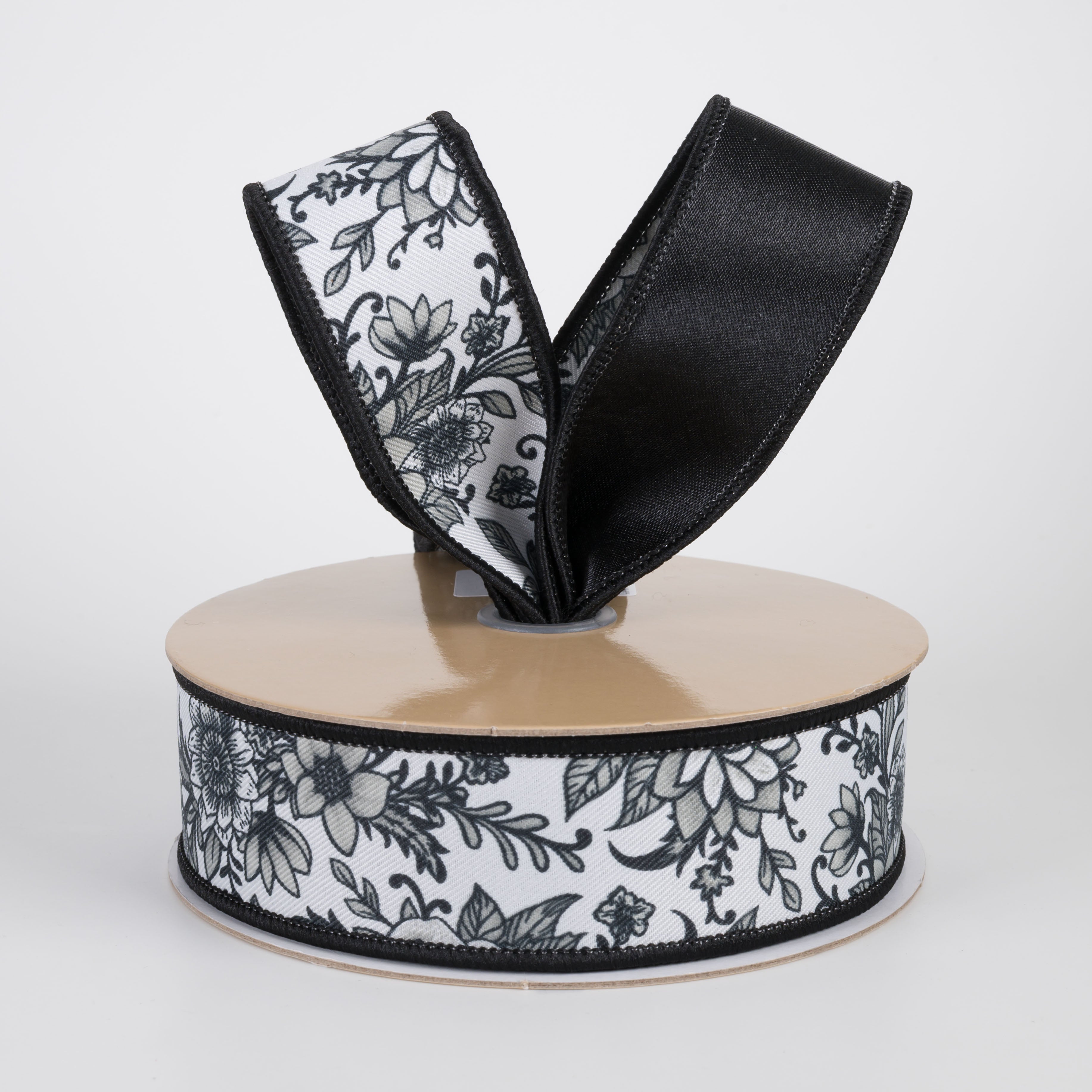 1.5" Double Sided Fused Chinoiserie Floral Ribbon: White & Black (10 Yards)