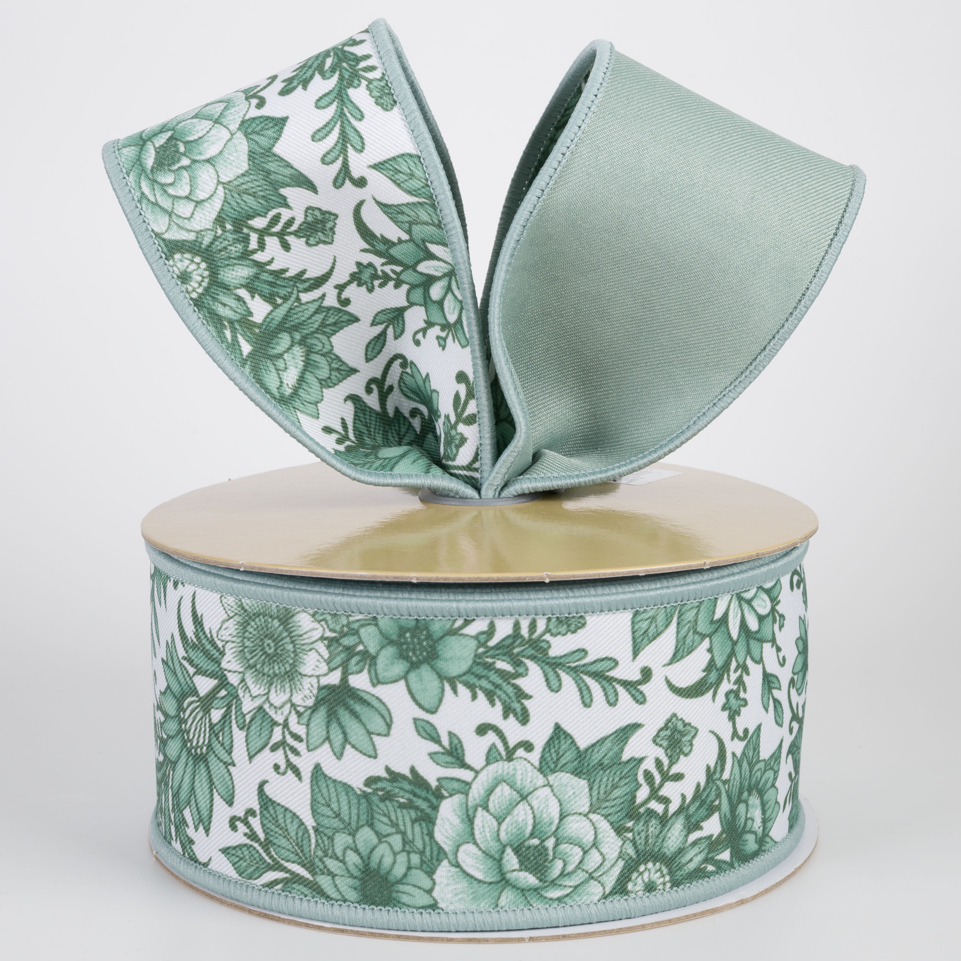 2.5" Double Sided Fused Chinoiserie Floral Ribbon: White & Sage Green (10 Yards)