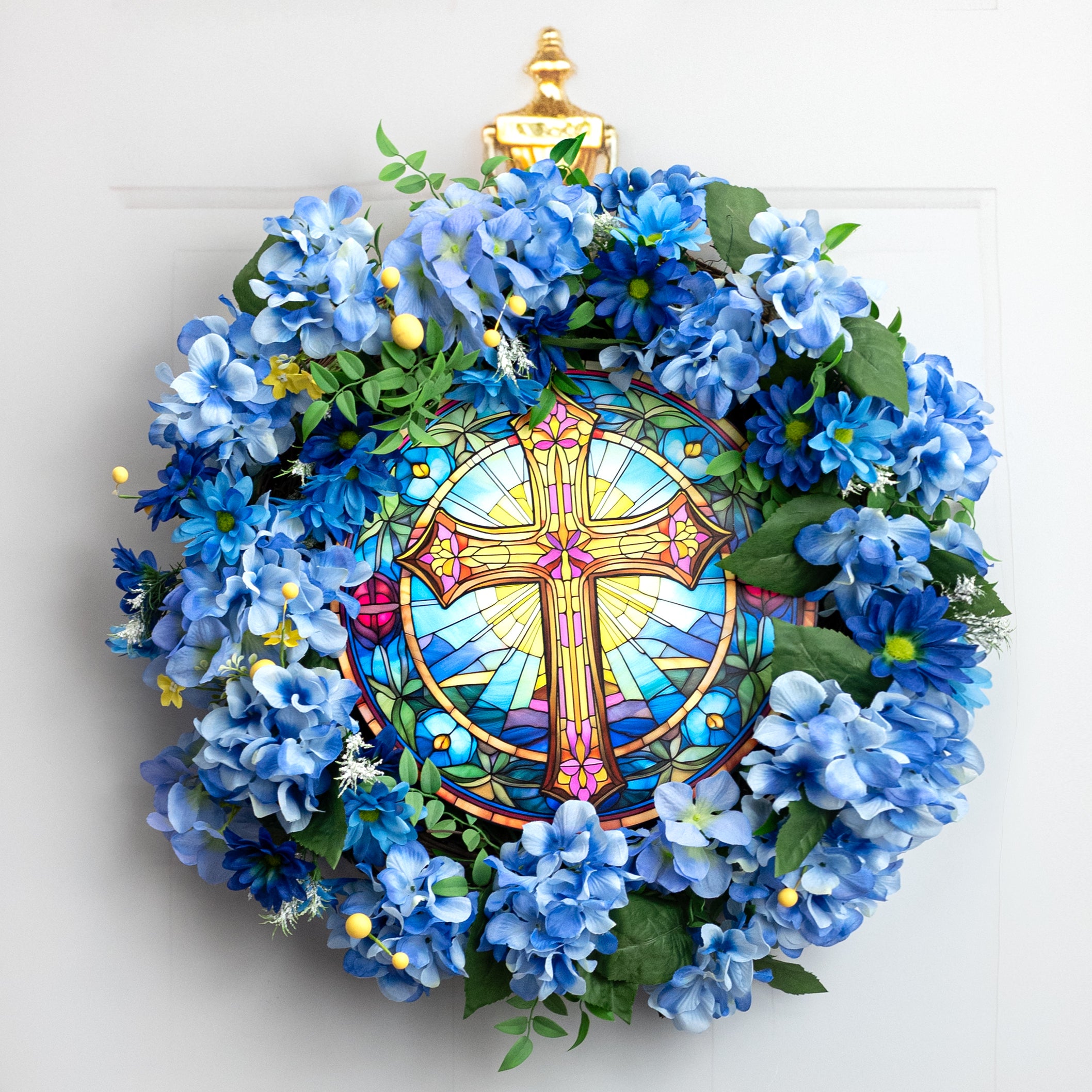 12" Round Metal Sign: Stained Glass Cross