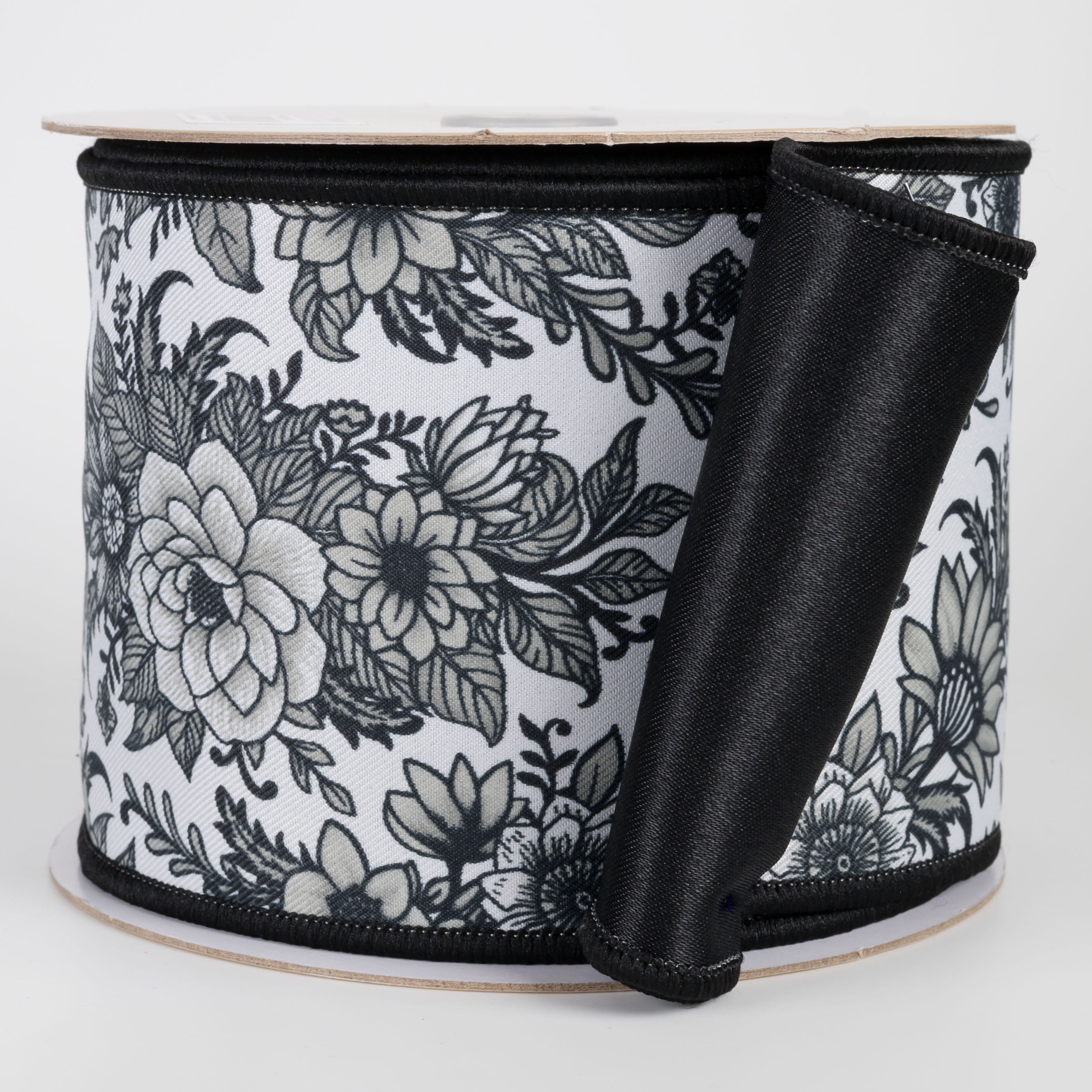 4" Double Sided Fused Chinoiserie Floral Ribbon: White & Black (10 Yards)