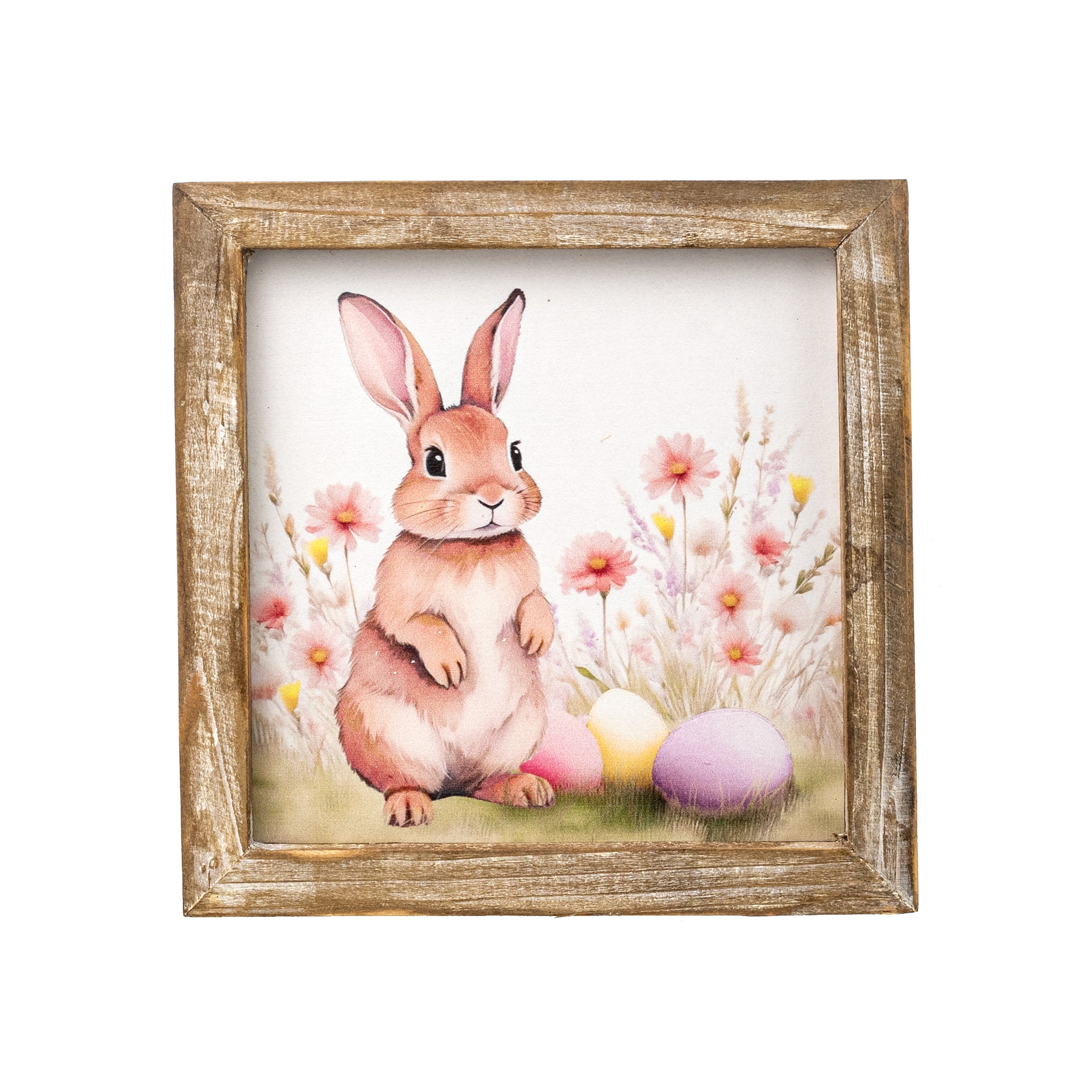 8" Square Framed Wooden Sign: Easter Bunny & Eggs