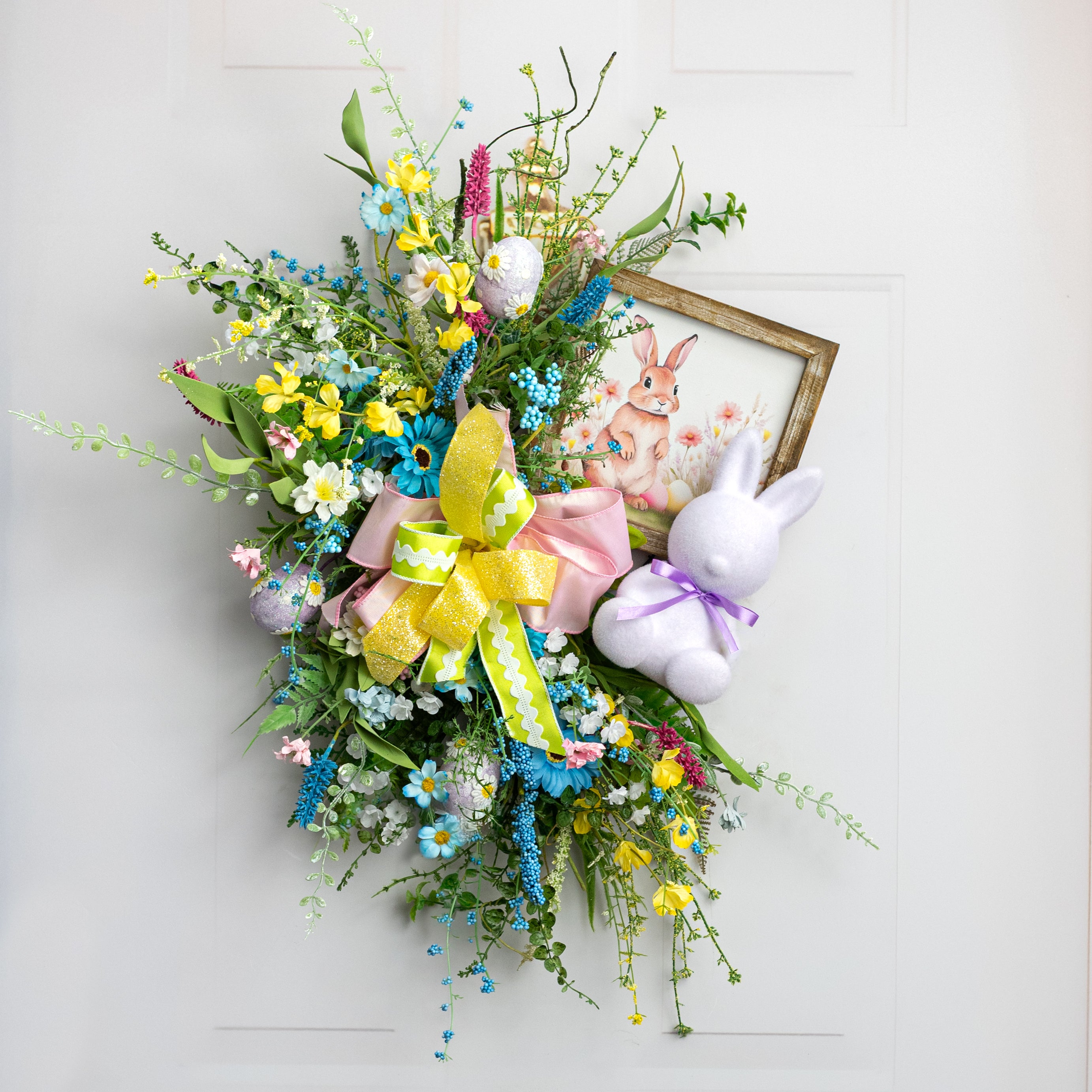8" Square Framed Wooden Sign: Easter Bunny & Eggs