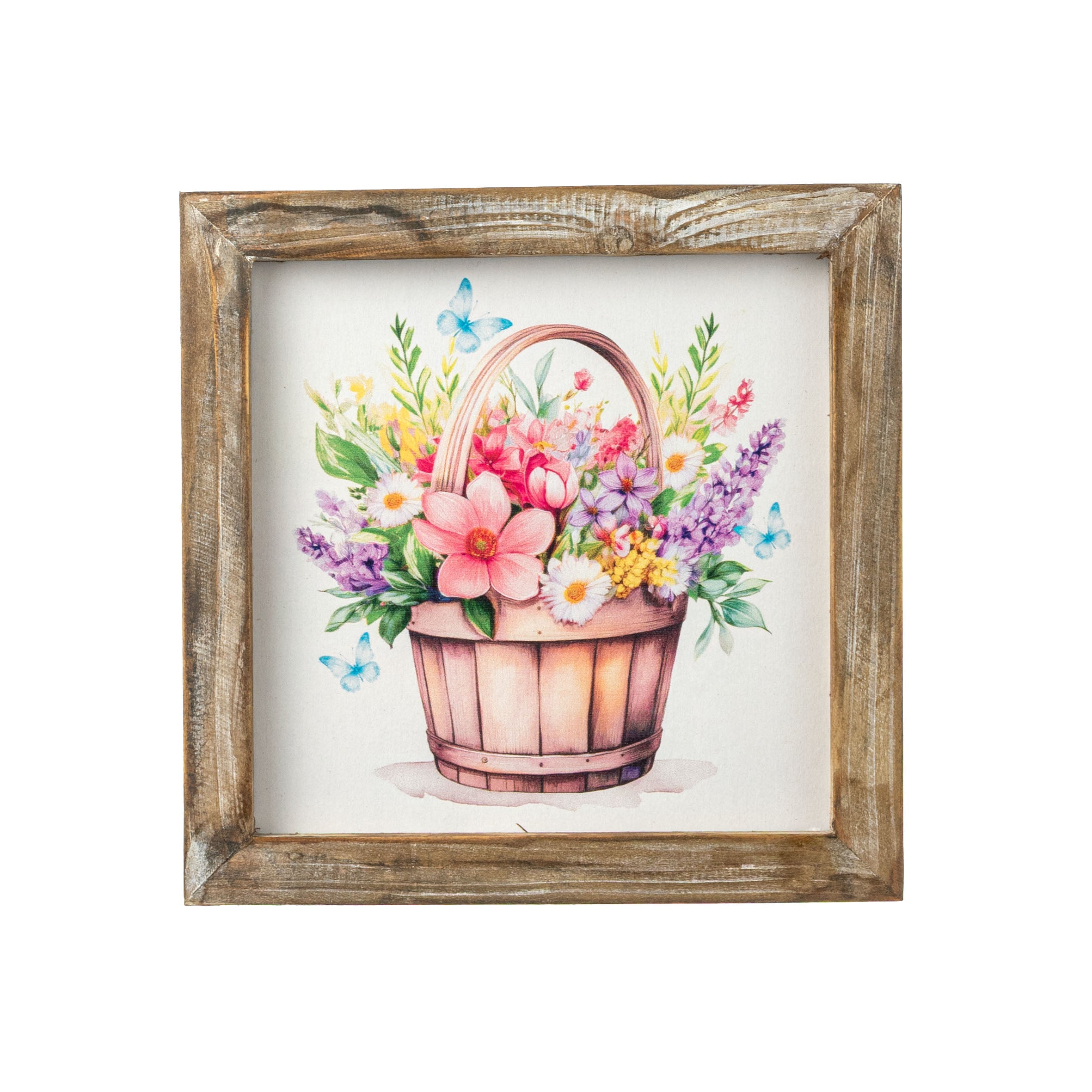 8" Square Framed Wooden Sign: Spring Flower Basket