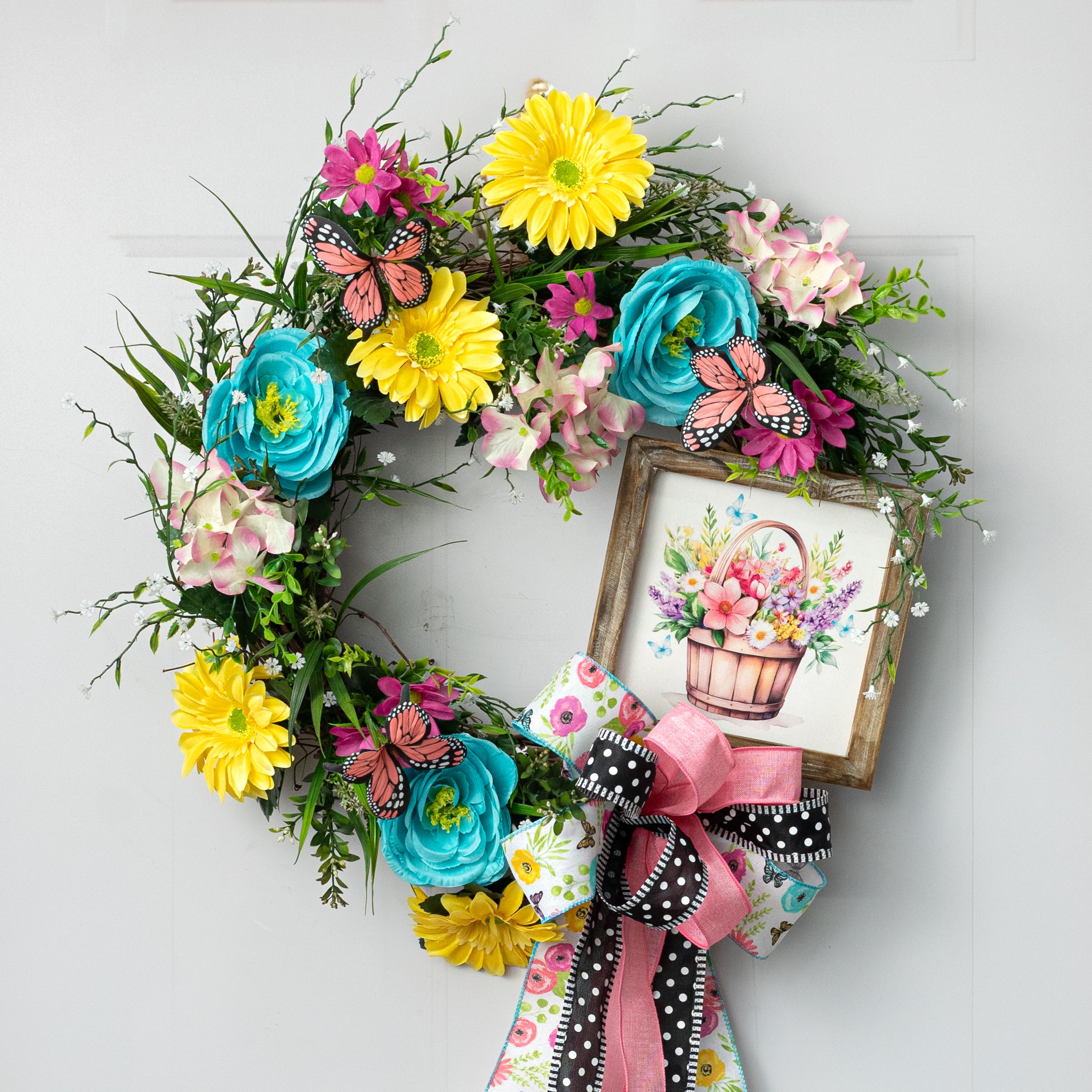 8" Square Framed Wooden Sign: Spring Flower Basket