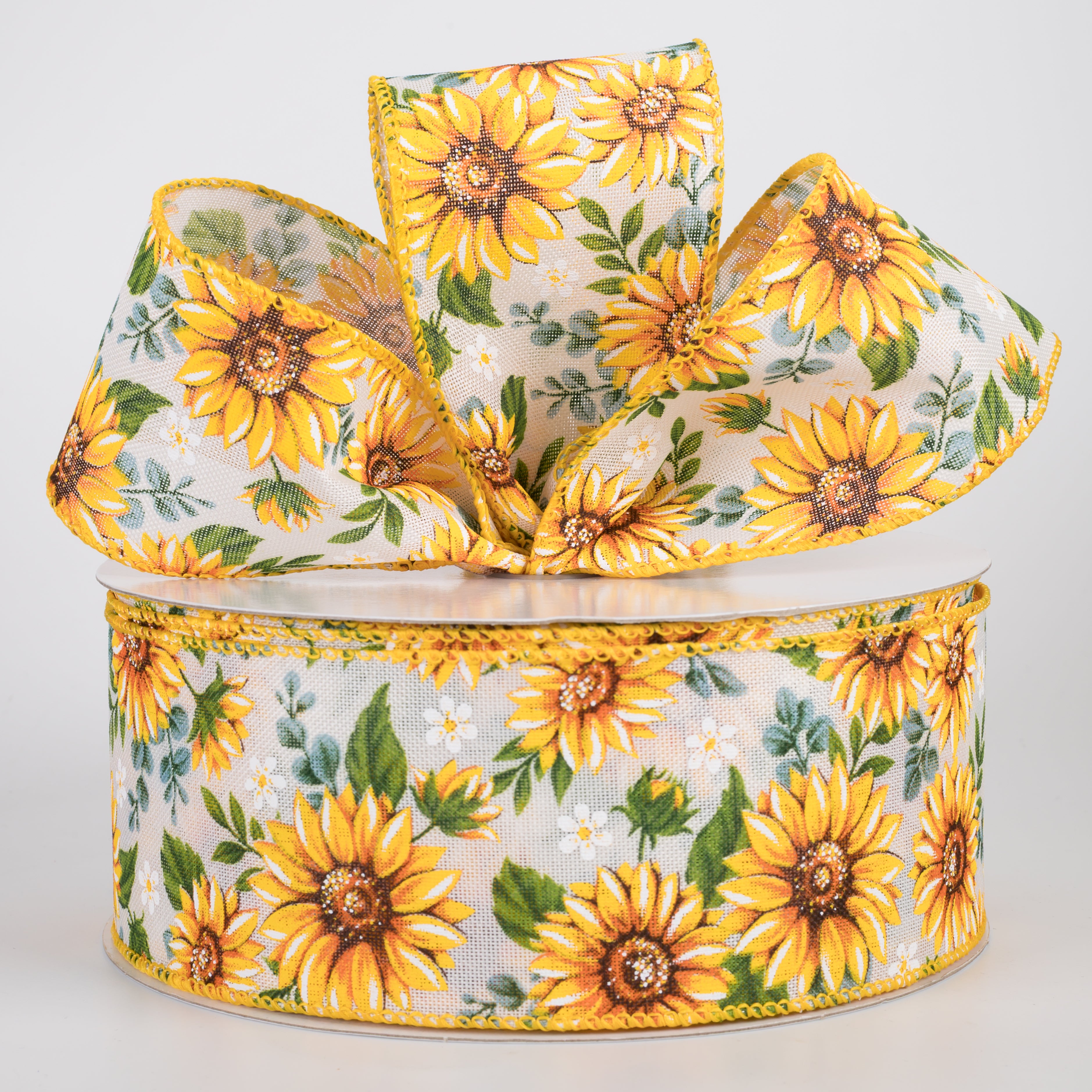 2.5" Linen Sunflowers & Eucalyptus Ribbon: White (50 Yards)