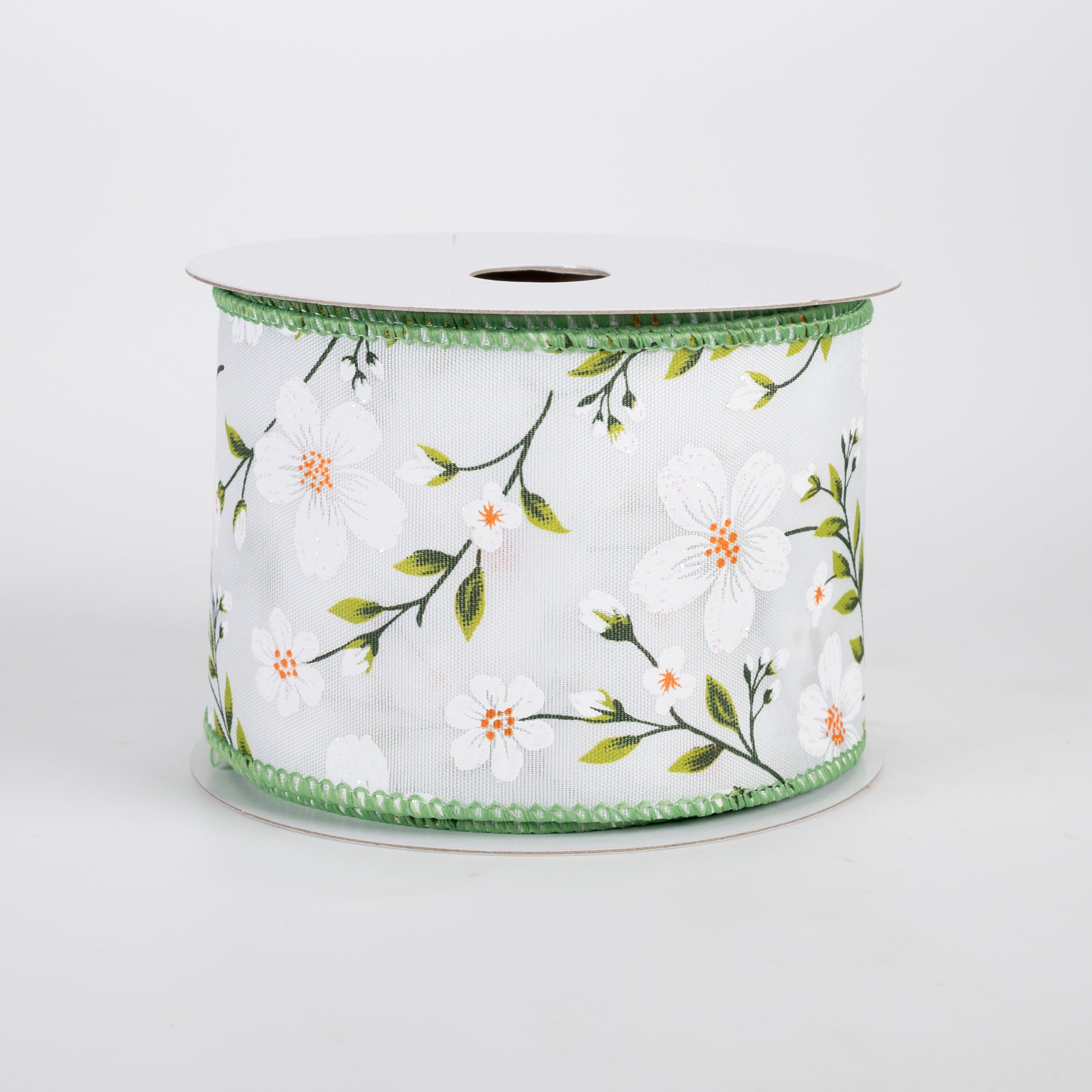 2.5" Satin Flaxseed Flowers Ribbon: White (10 Yards)