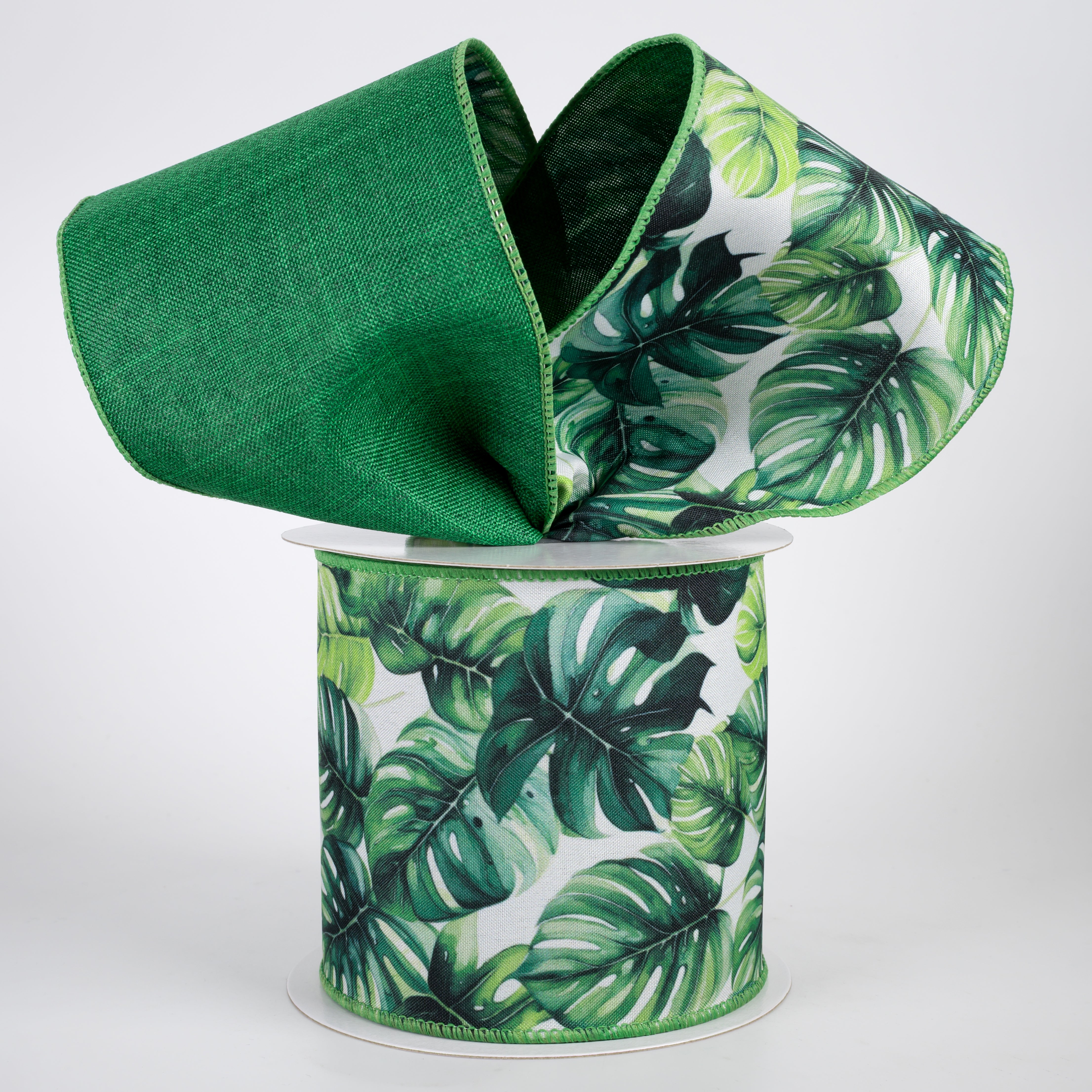 4" Double Sided Fused Lush Monstera Leaves Ribbon: Green (10 Yards)