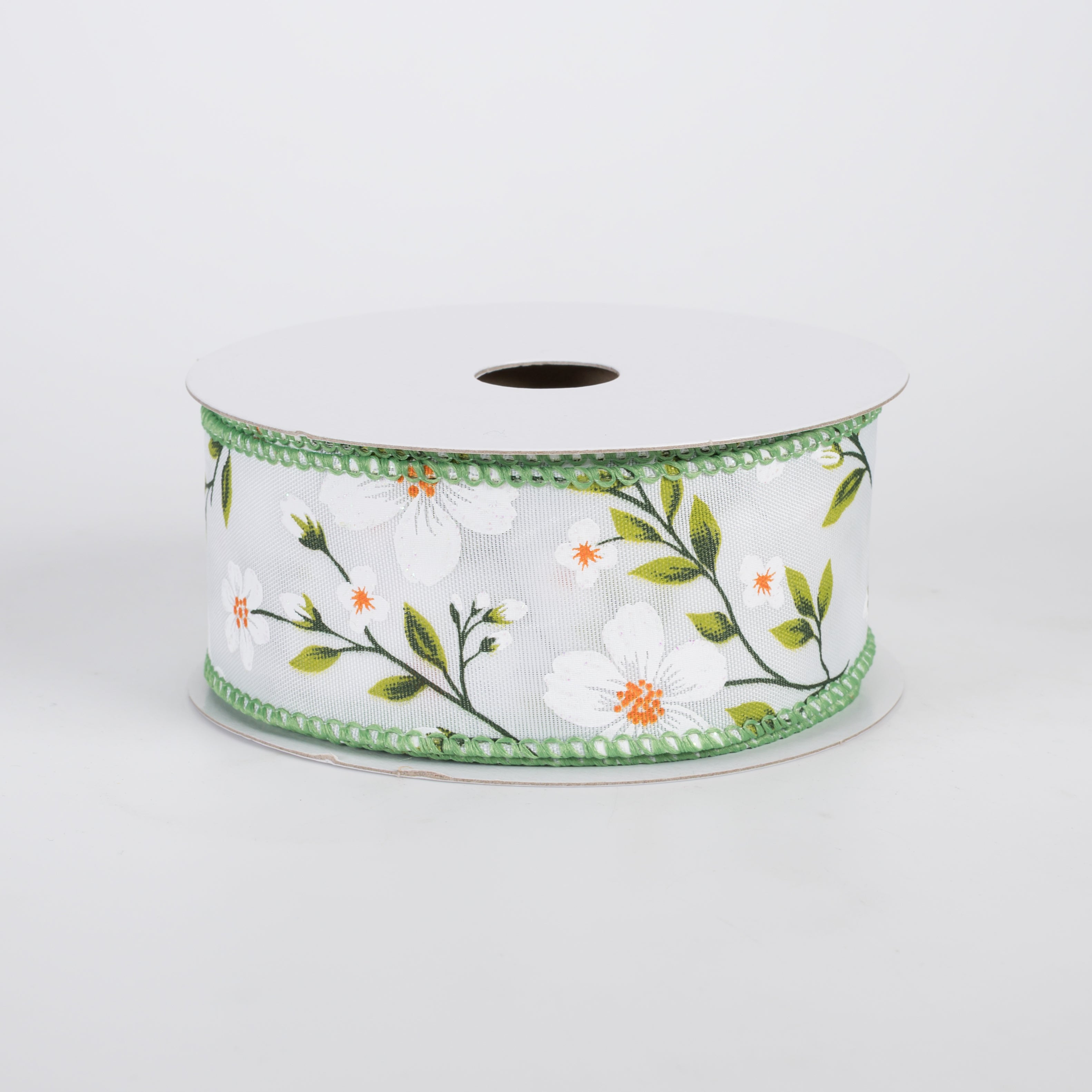 1.5" Satin Flaxseed Flowers Ribbon: White (10 Yards)