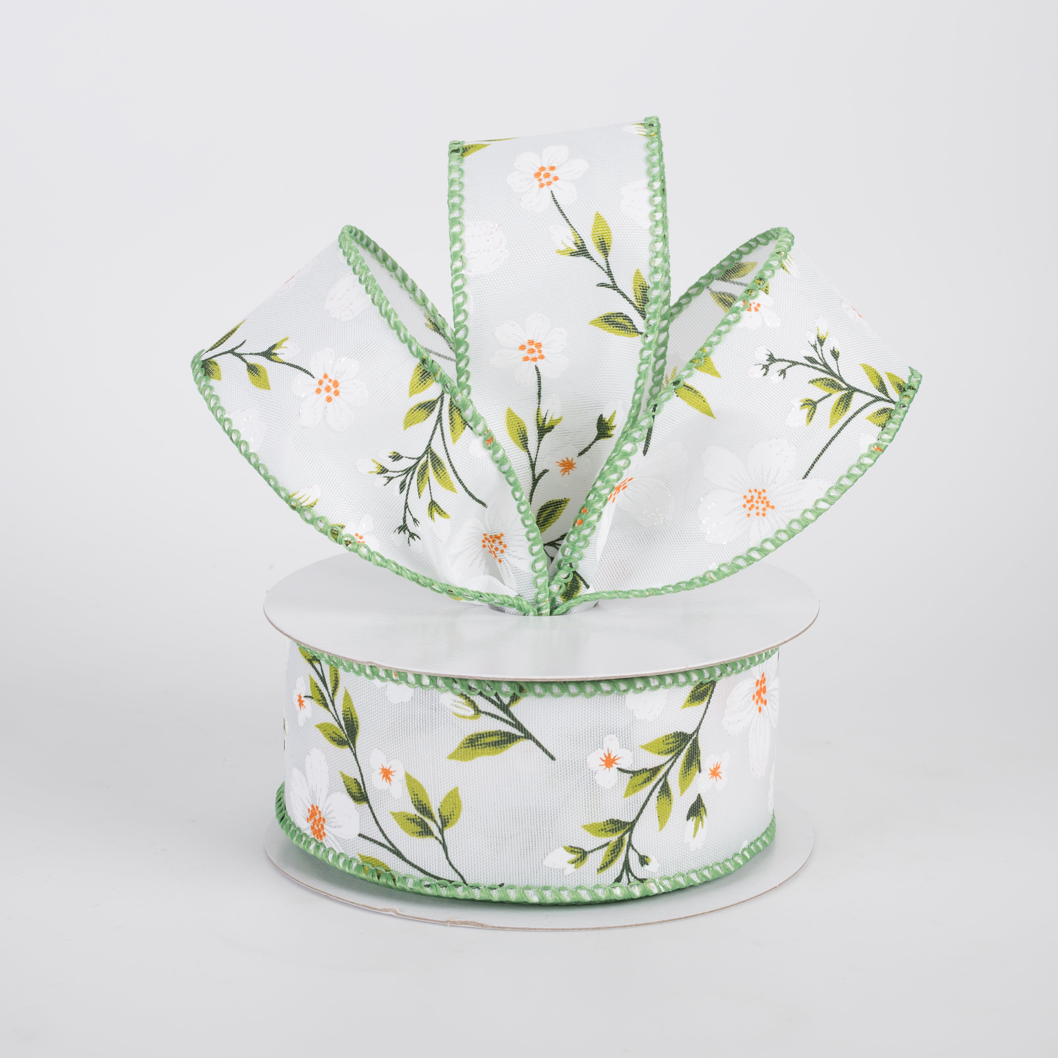 1.5" Satin Flaxseed Flowers Ribbon: White (10 Yards)