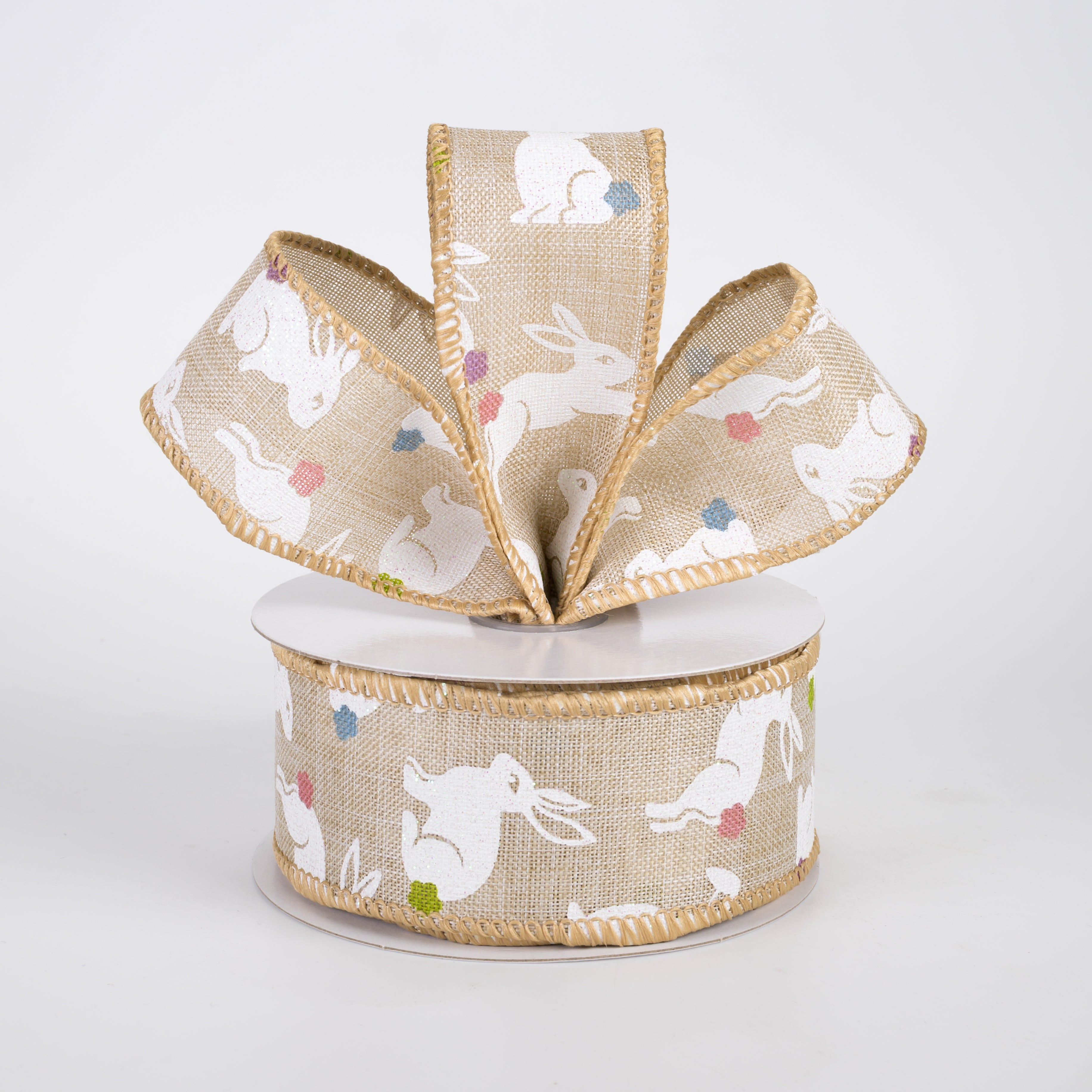 1.5" Linen Glittered Jumping Bunnies Ribbon: Natural (10 Yards)