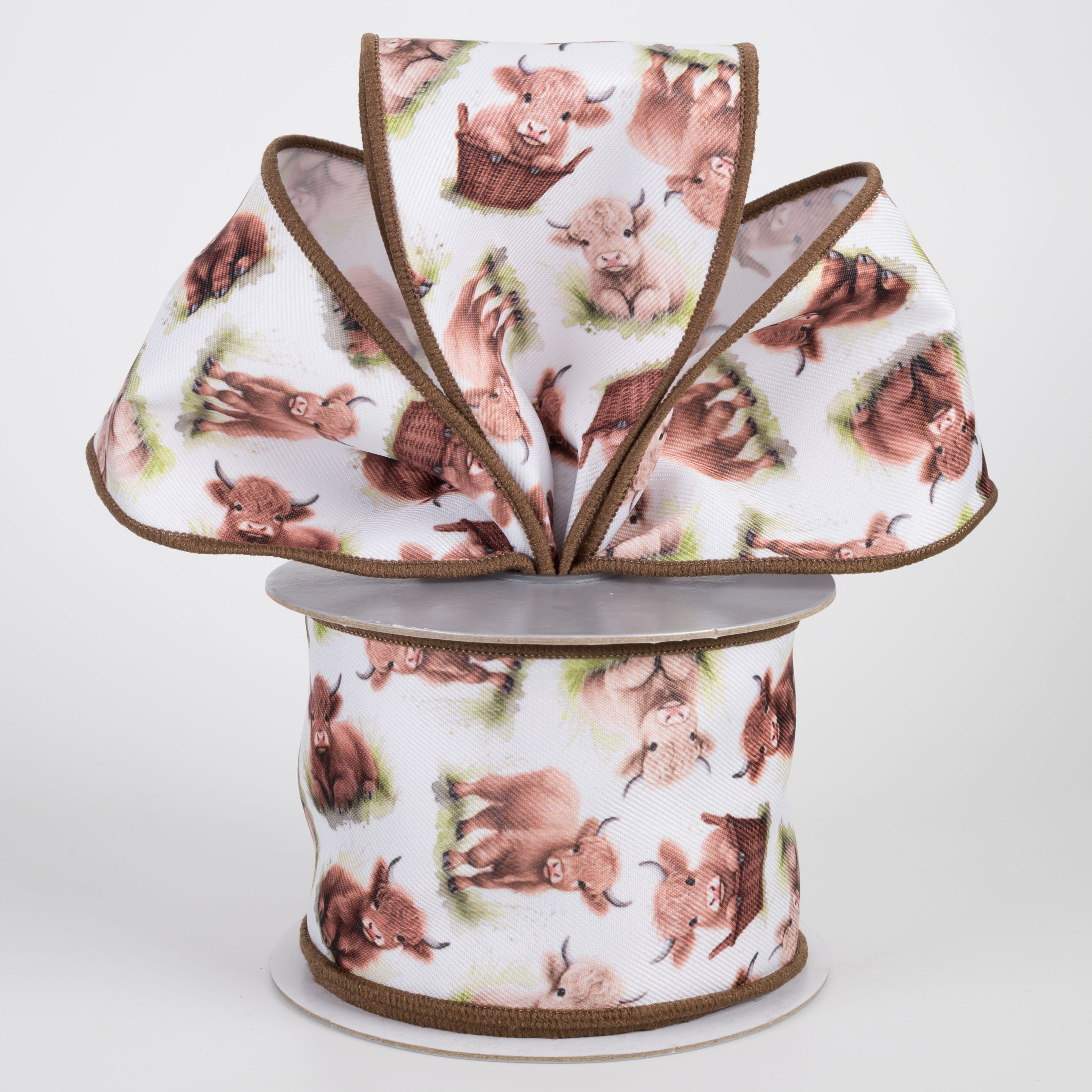 2.5" Brilliance Digital Print Highland Cows Ribbon: White (10 Yards)