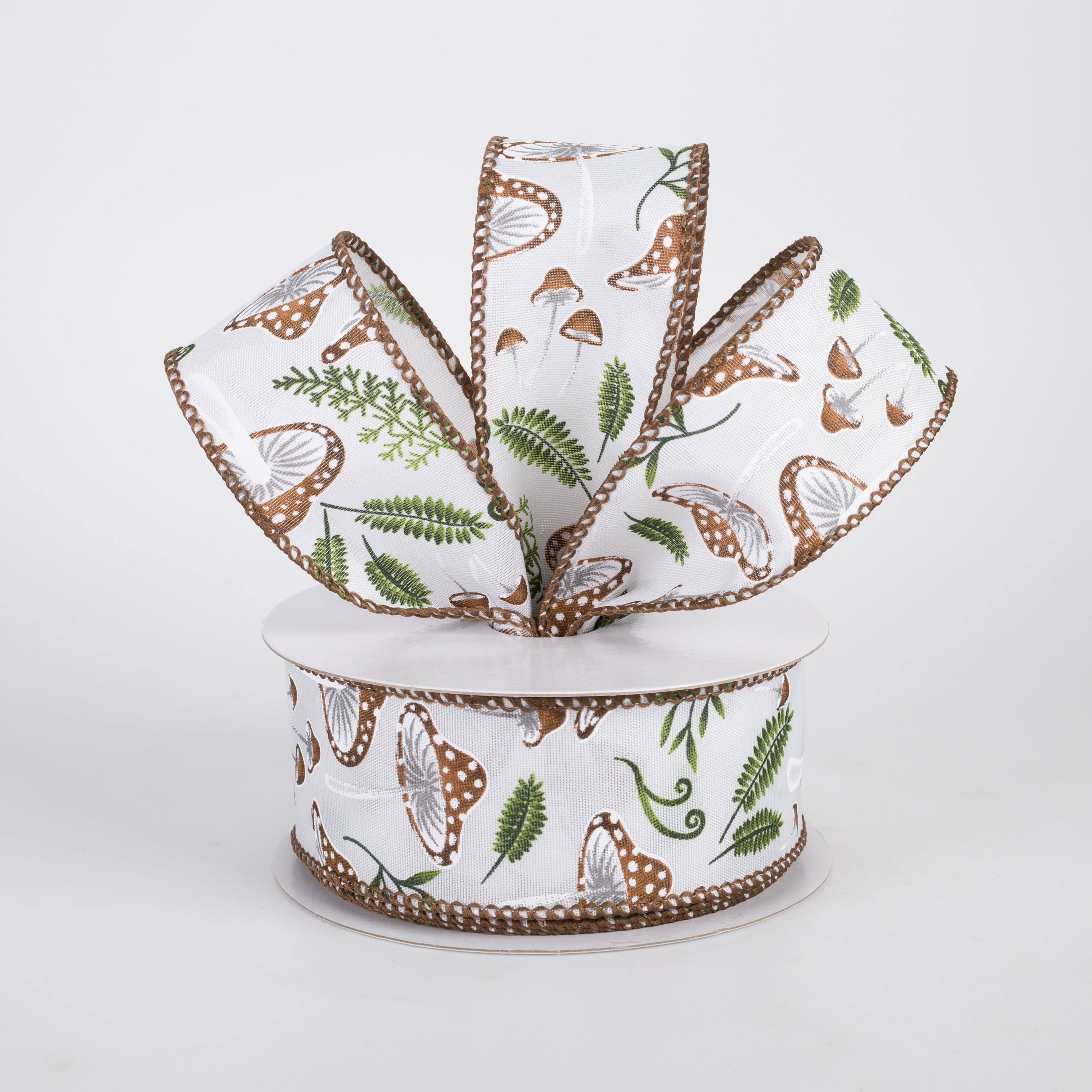1.5" Satin Mushrooms & Ferns Ribbon: White (10 Yards)