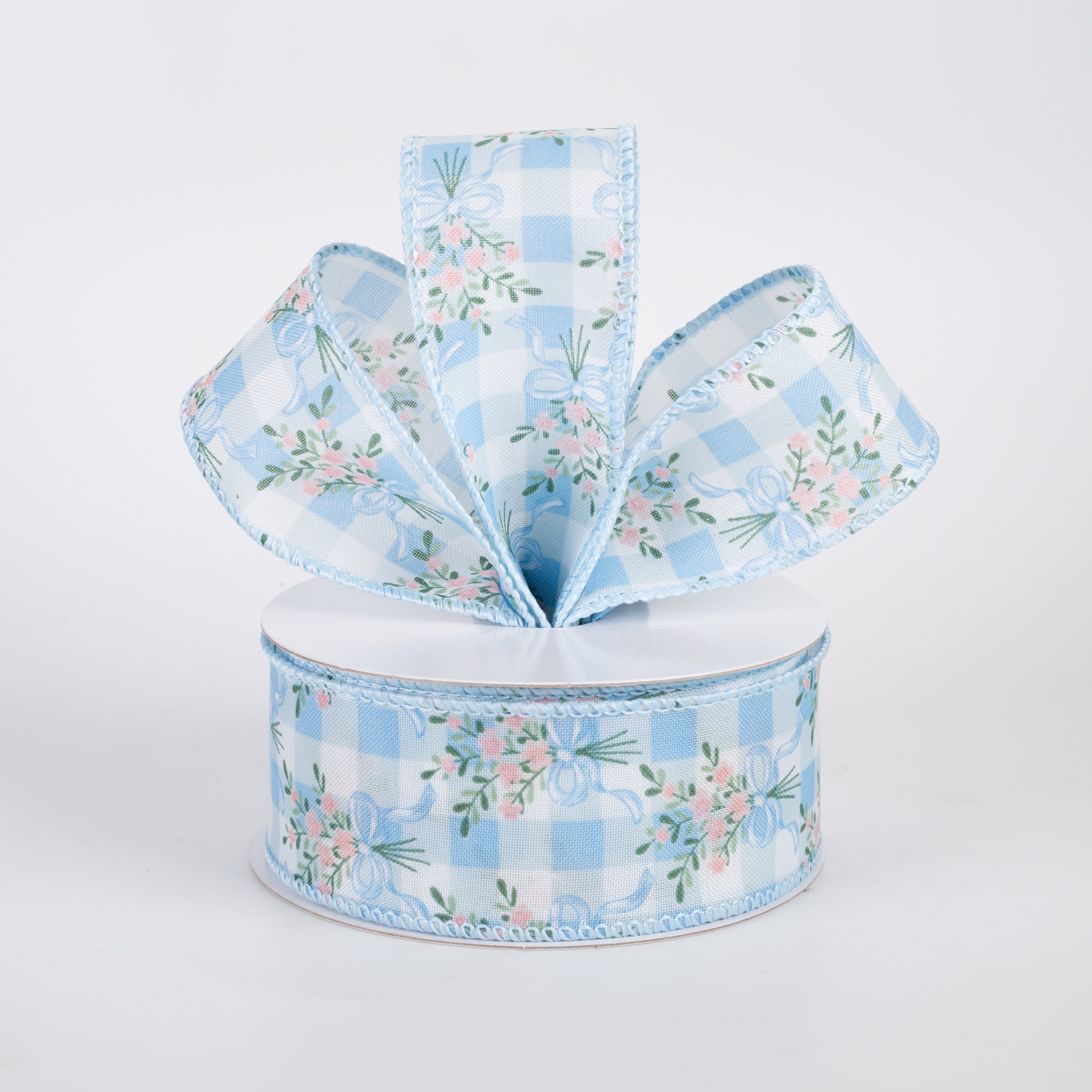 1.5" Satin Flower Bow Bouquet Ribbon: White & Blue (10 Yards)