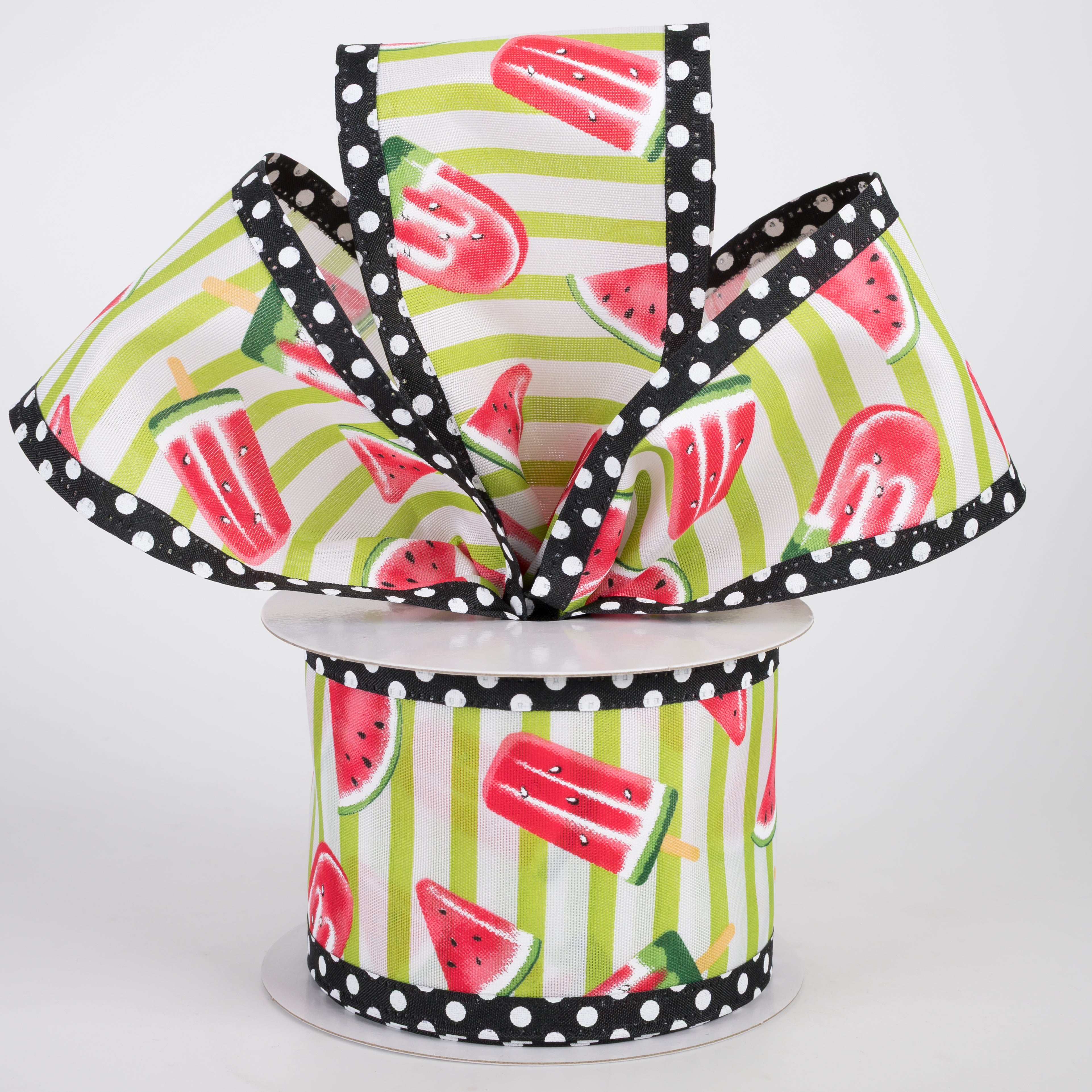 2.5" Polka Dot Edge Watermelon Fruit & Popsicle Ribbon: Green & White (10 Yards)