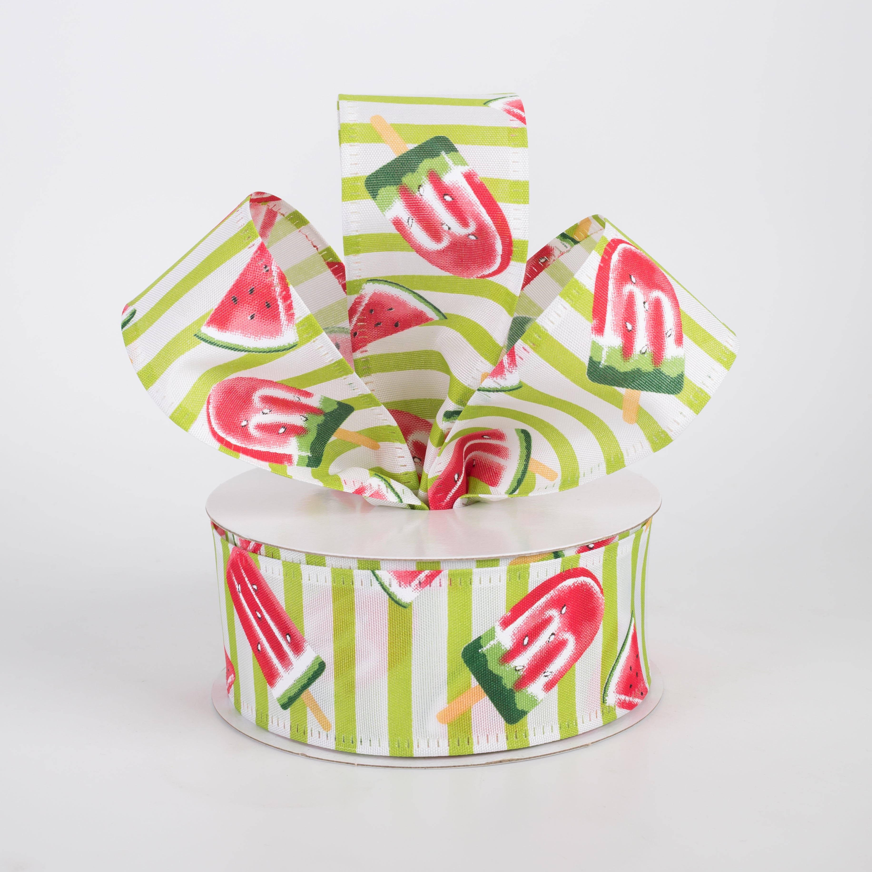 1.5" Watermelon Fruit & Popsicle Ribbon: Lime & White Stripes (10 Yards)