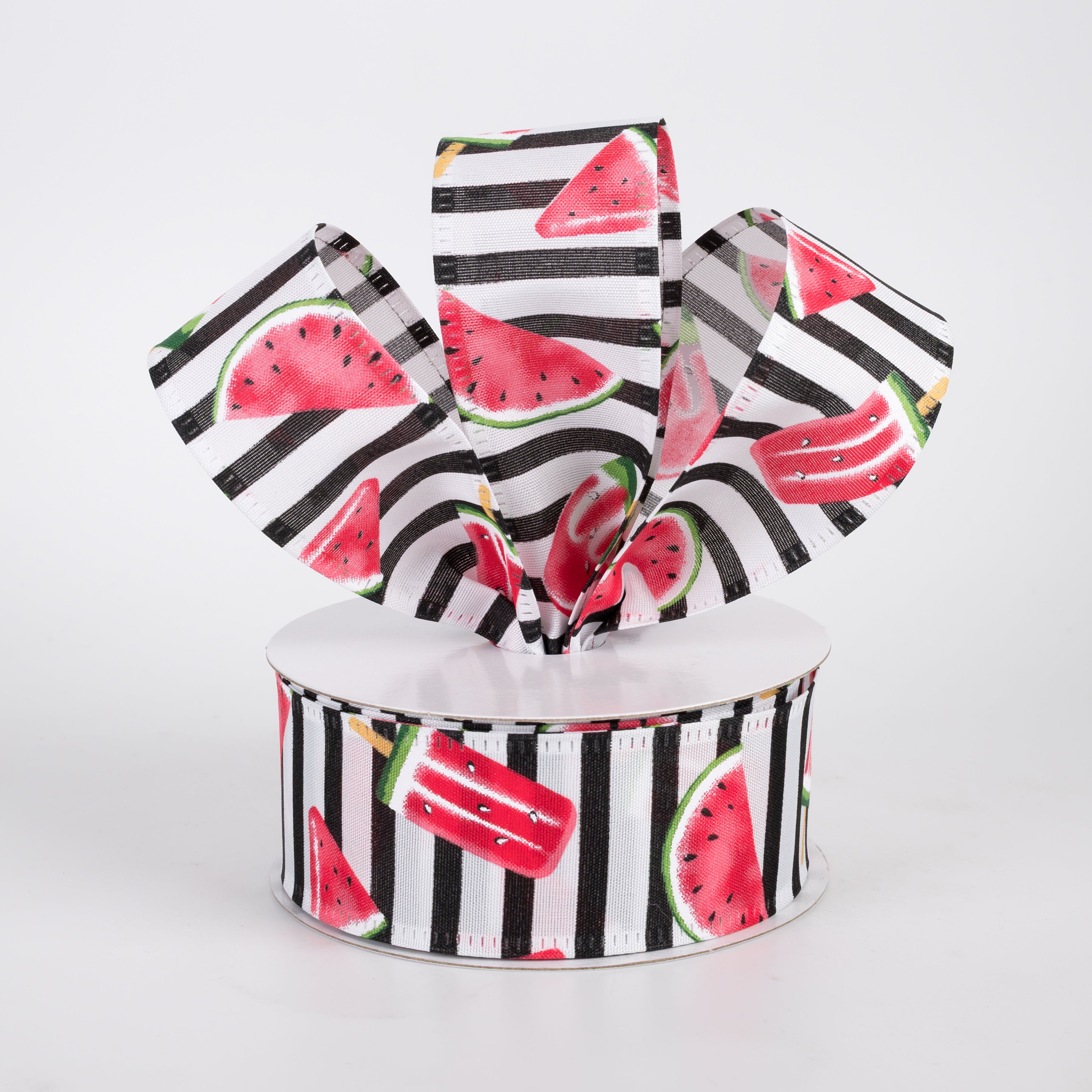 1.5" Watermelon Fruit & Popsicle Ribbon: Black & White Stripes (10 Yards)